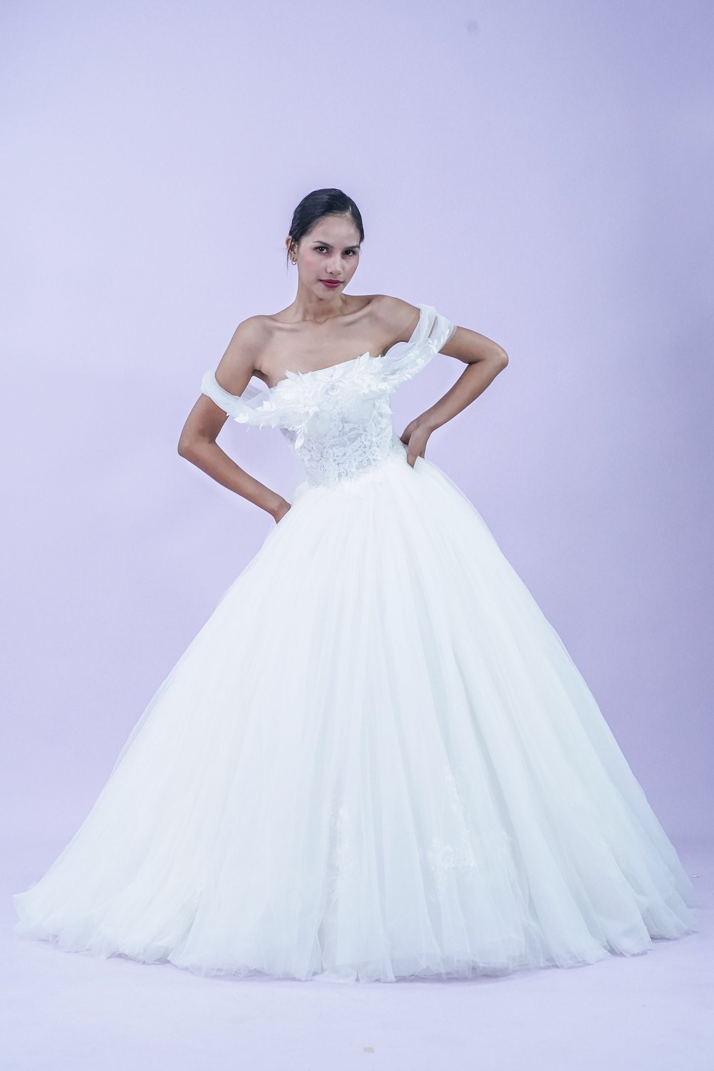 Off-Shoulder Lace and Feather Detail Wedding Bridal Gown