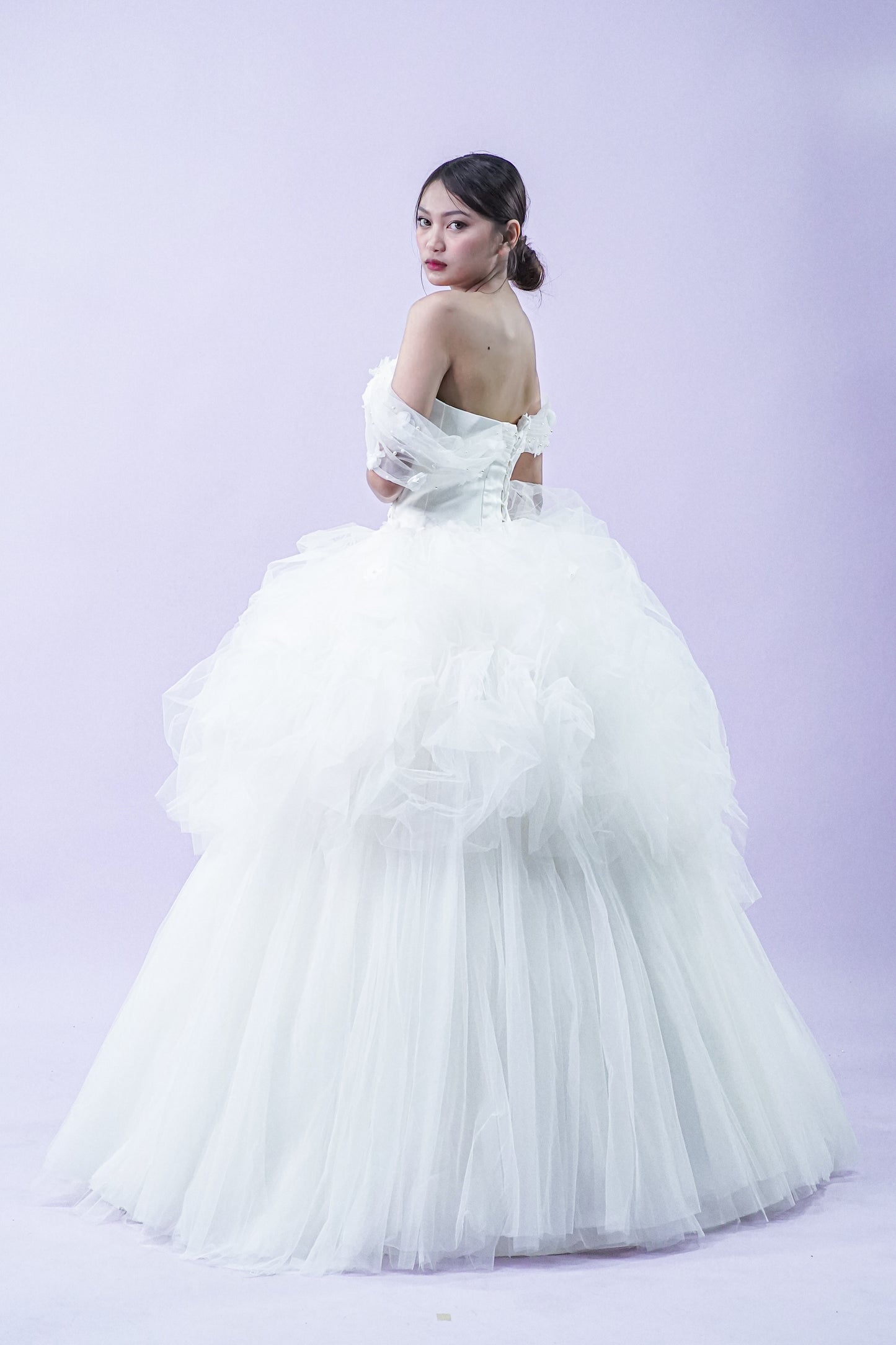 Off-Shoulder Tule Feather Detail Wedding Gown