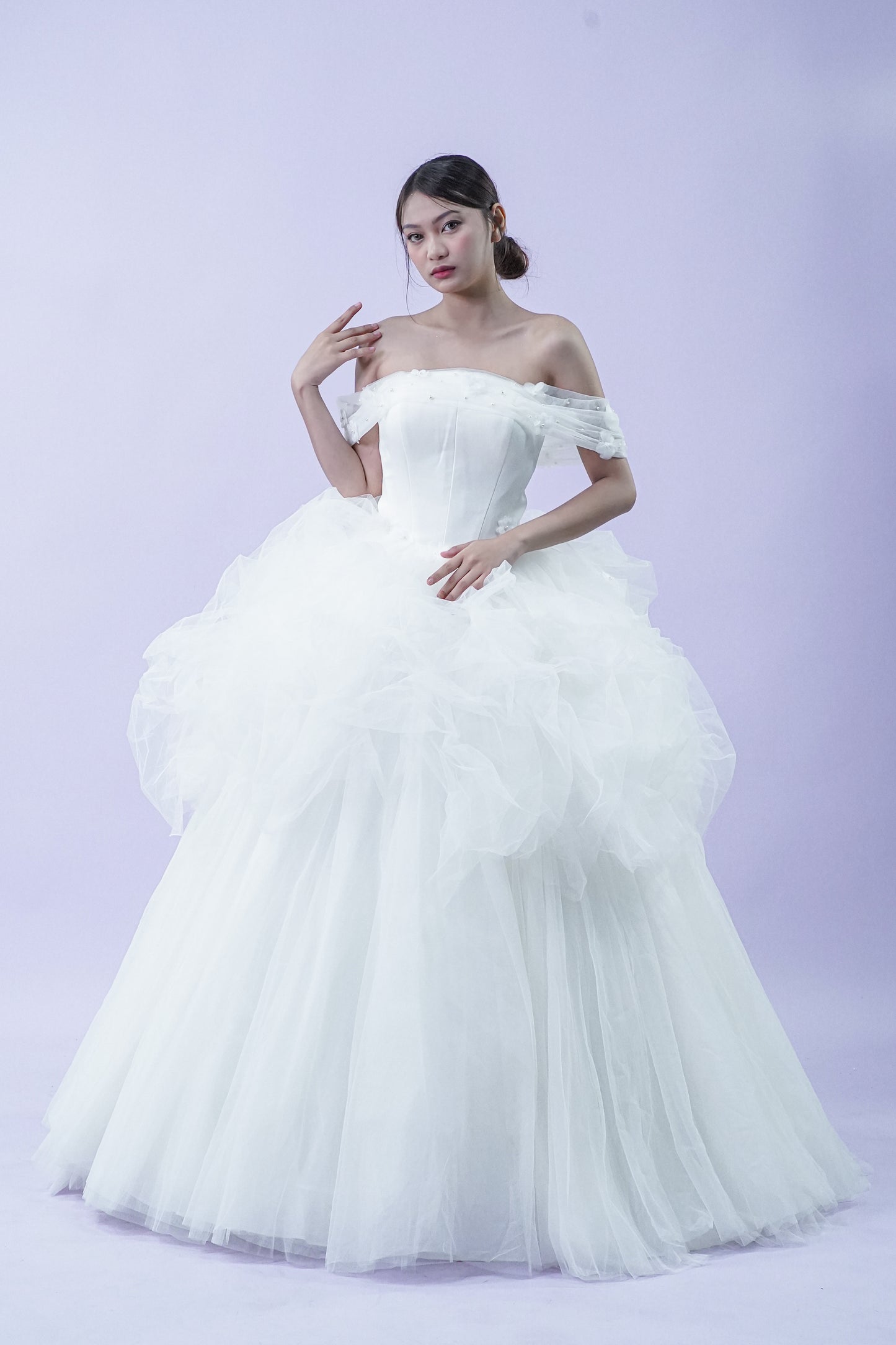 Off-Shoulder Tule Feather Detail Wedding Gown