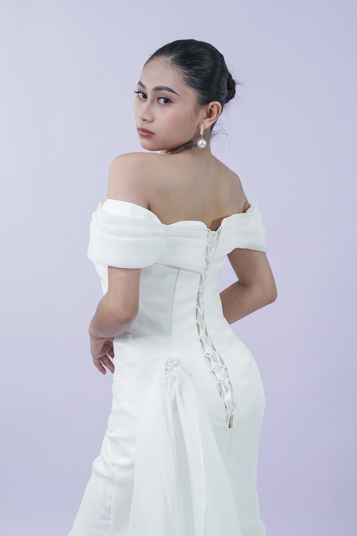 Long Elegant Off-Shoulder Satin Bridal Gown