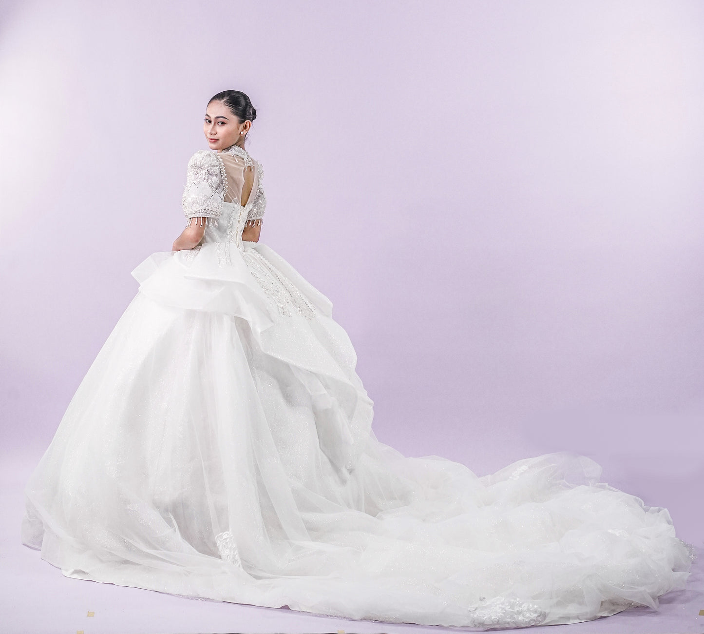 Short Sleeve Filipiniana Style Sequined Royal Long Train Wedding Gown