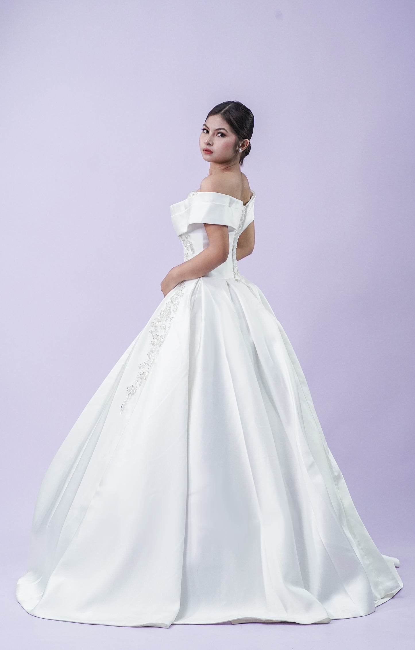 Elegant Off-Shoulder Satin Wedding Bridal Gown