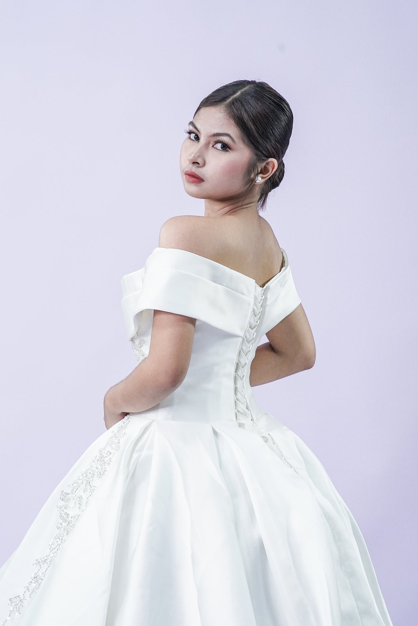 Elegant Off-Shoulder Satin Wedding Bridal Gown