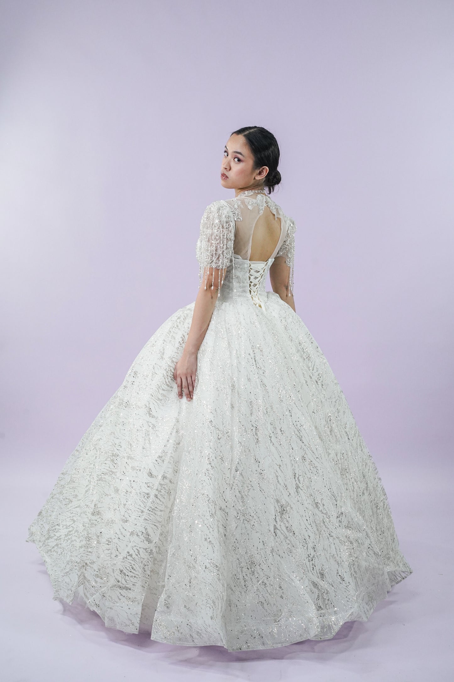 Regal Sequined Short Sleeve Wedding Bridal Gown