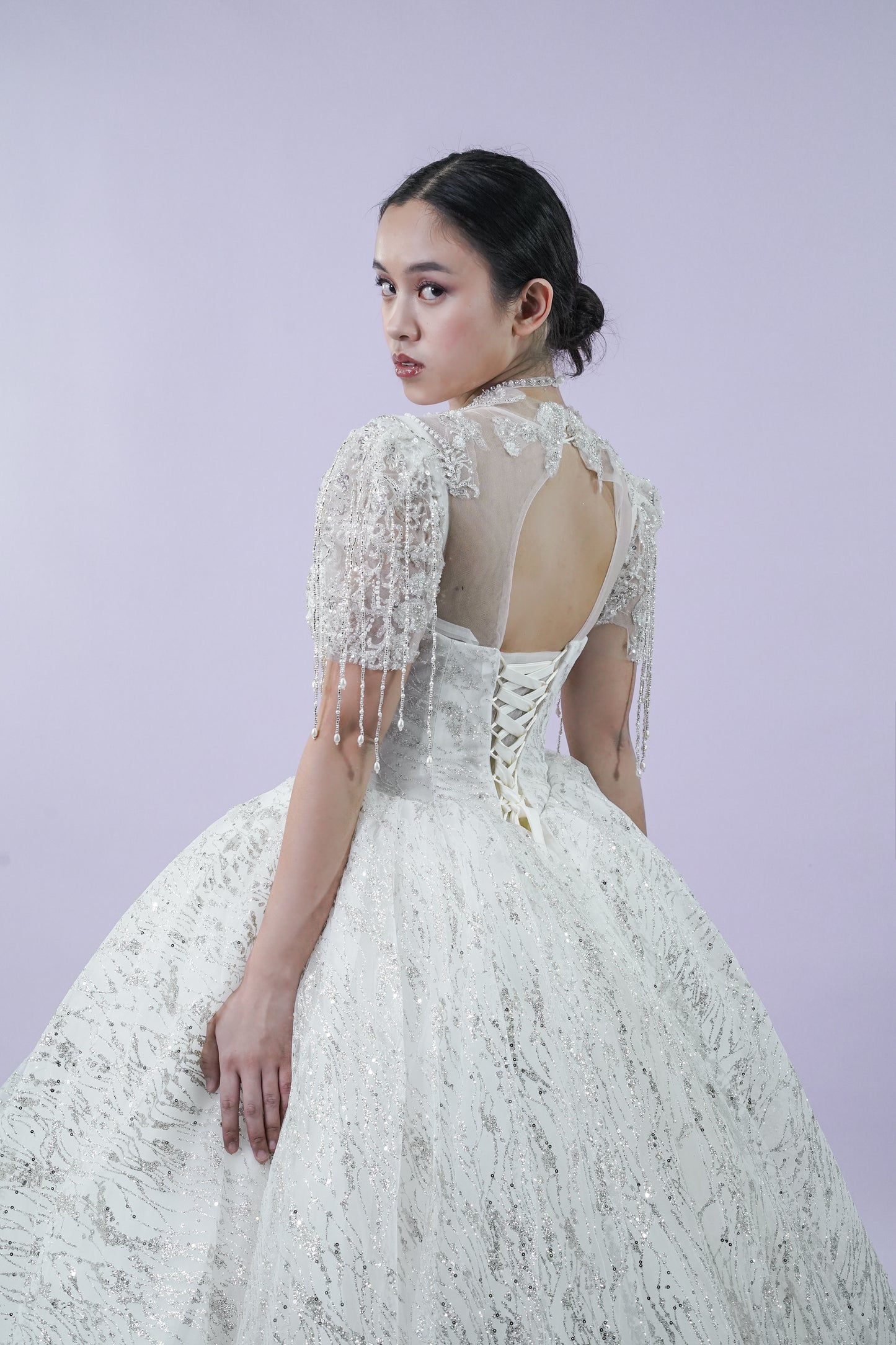 Regal Sequined Short Sleeve Wedding Bridal Gown