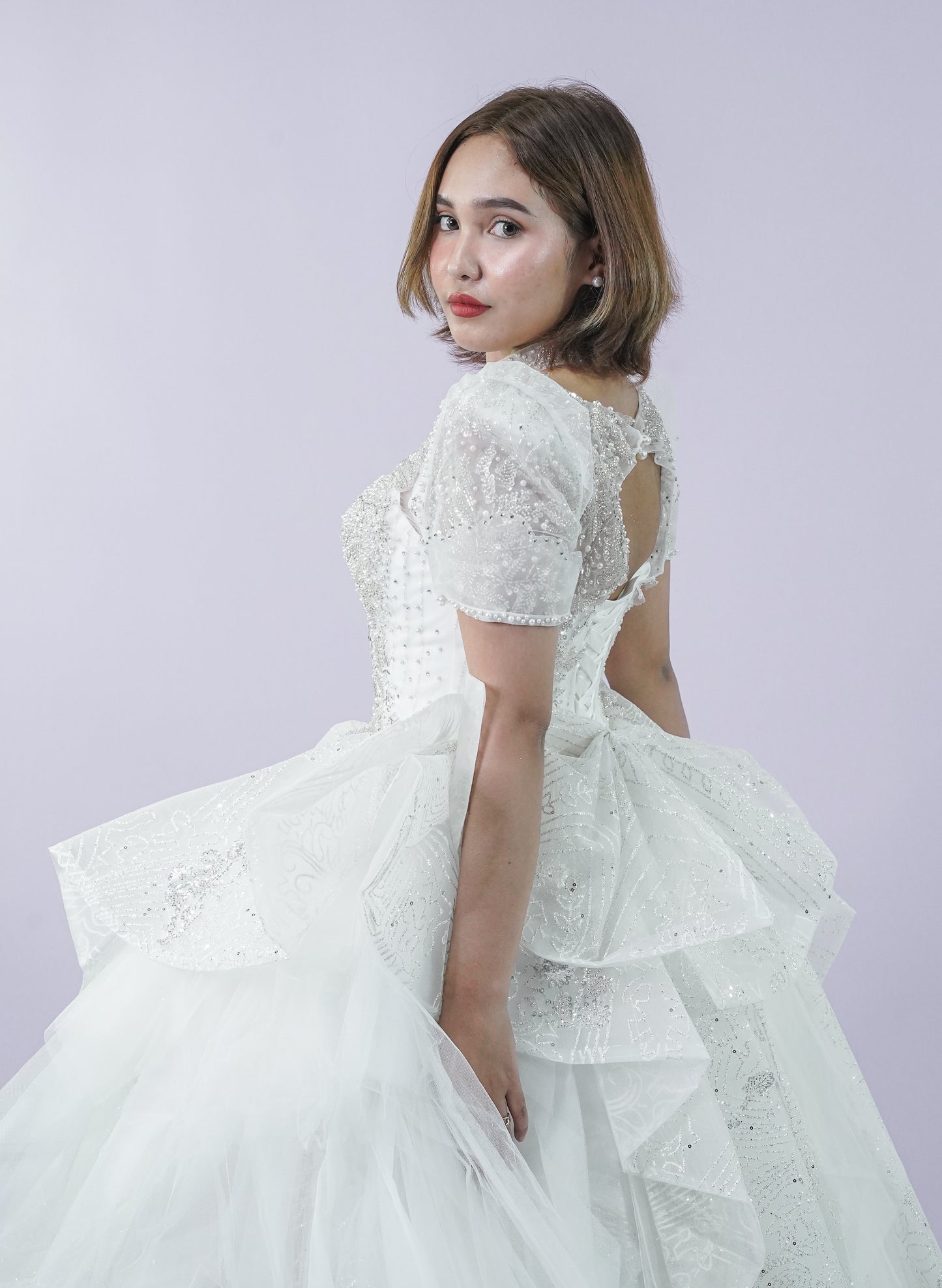 Regal Jewel Short Sleeve Long Back Wedding Bridal Gown