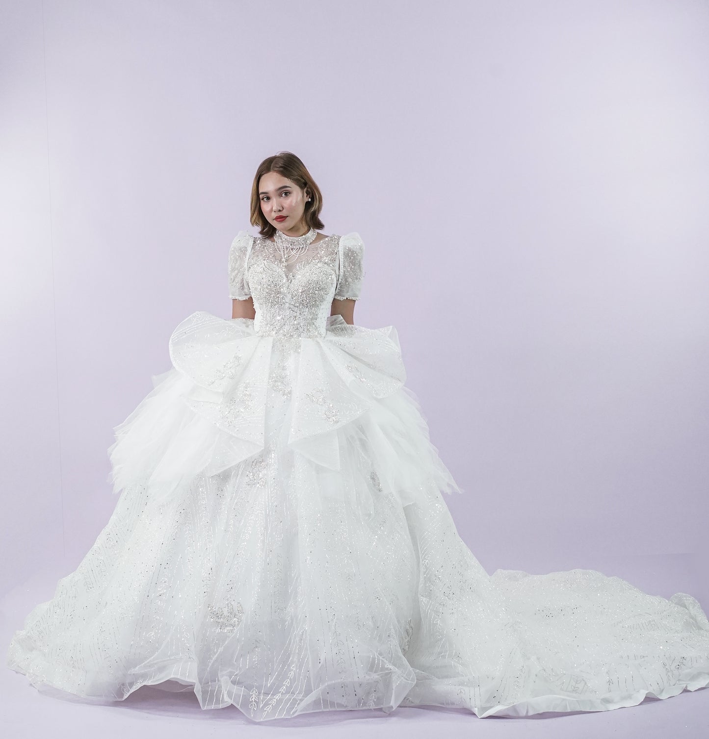 Regal Jewel Short Sleeve Long Back Wedding Bridal Gown