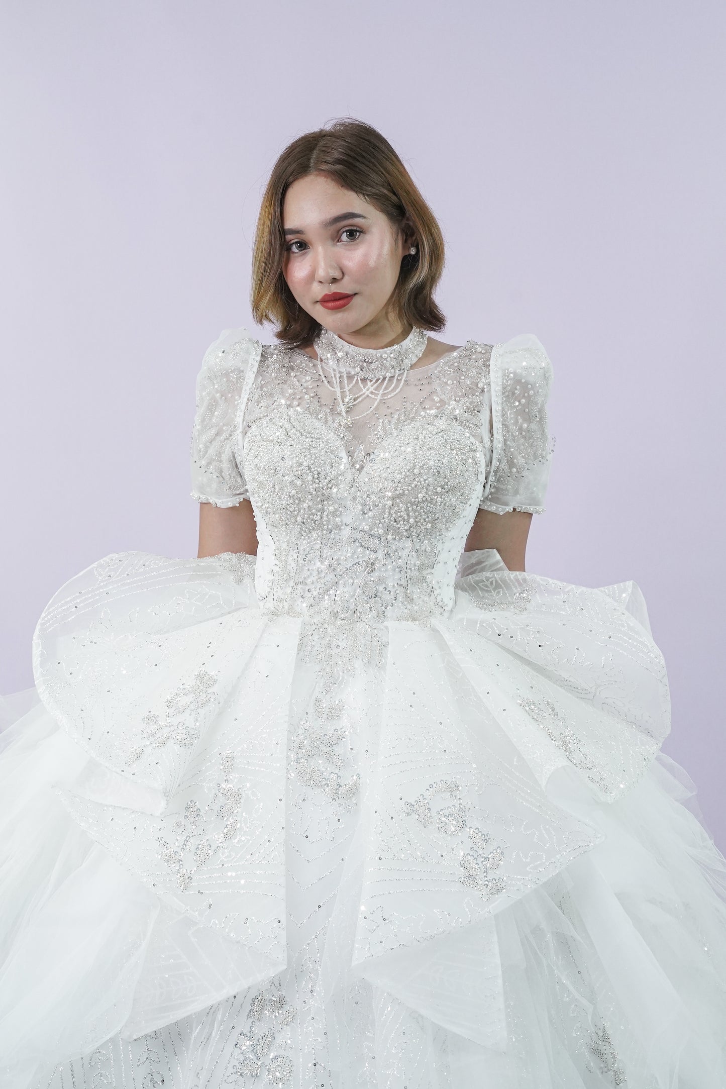 Regal Jewel Short Sleeve Long Back Wedding Bridal Gown
