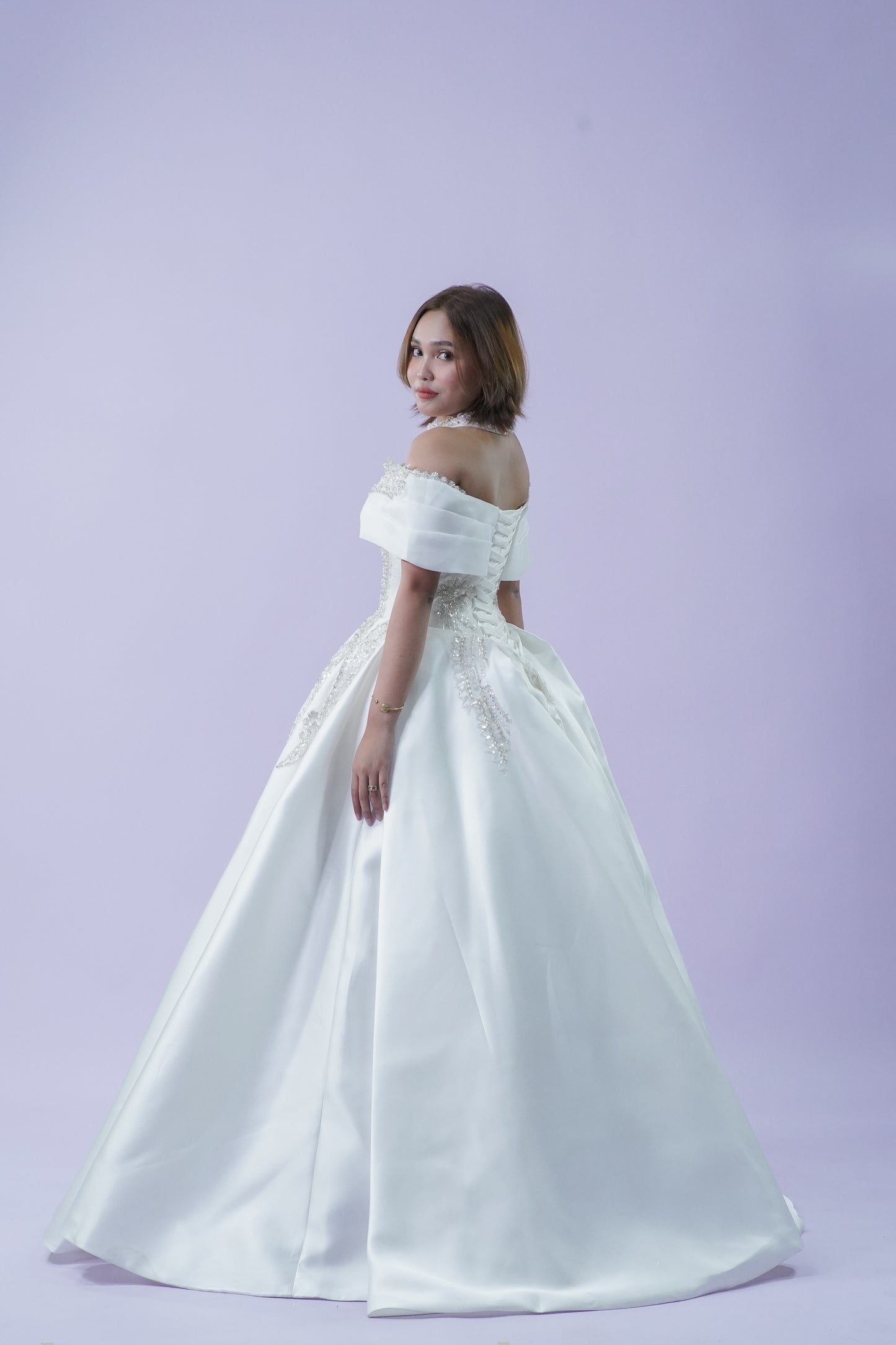 Elegant Duchess Off-Shoulder Bridal Wedding Gown