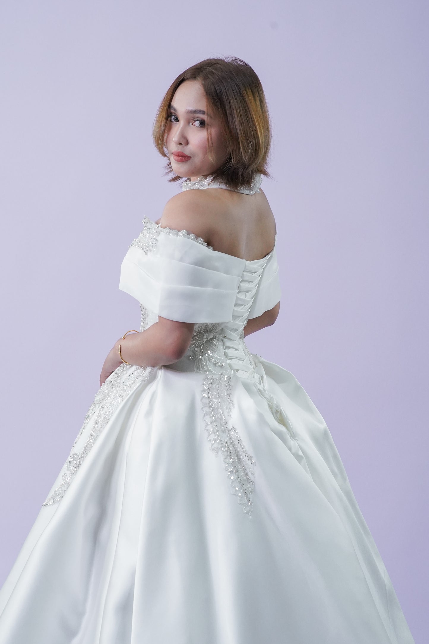 Elegant Duchess Off-Shoulder Bridal Wedding Gown