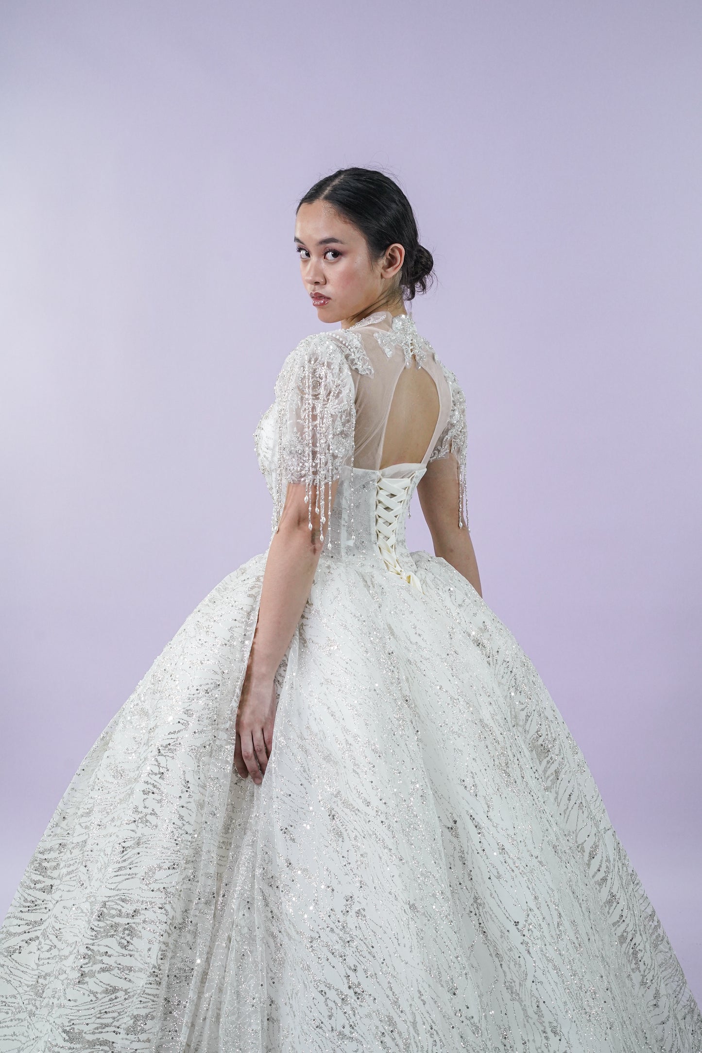 Short Sleeve Regal Bejeweled Wedding Bridal Gown