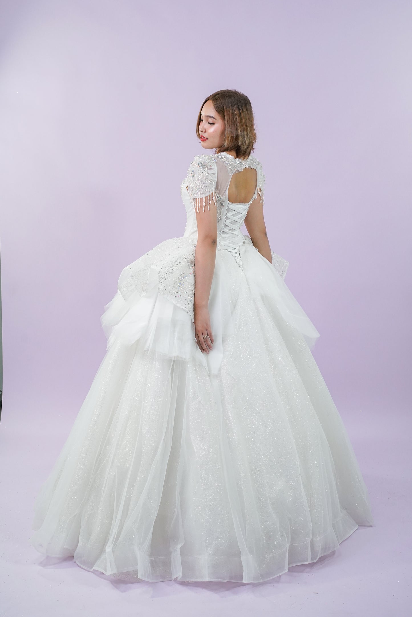 Short Sleeve Intricate Bejeweled Bridal Wedding Gown