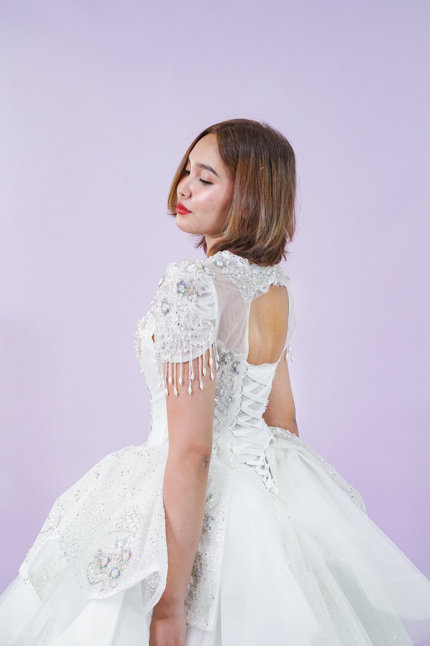 Short Sleeve Intricate Bejeweled Bridal Wedding Gown