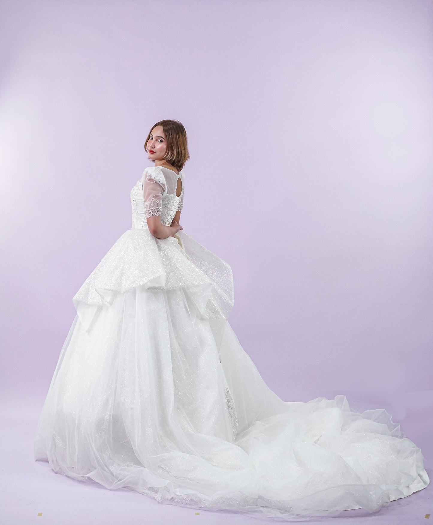 Intricate Long Back Short Sleeve Wedding Bridal Gown