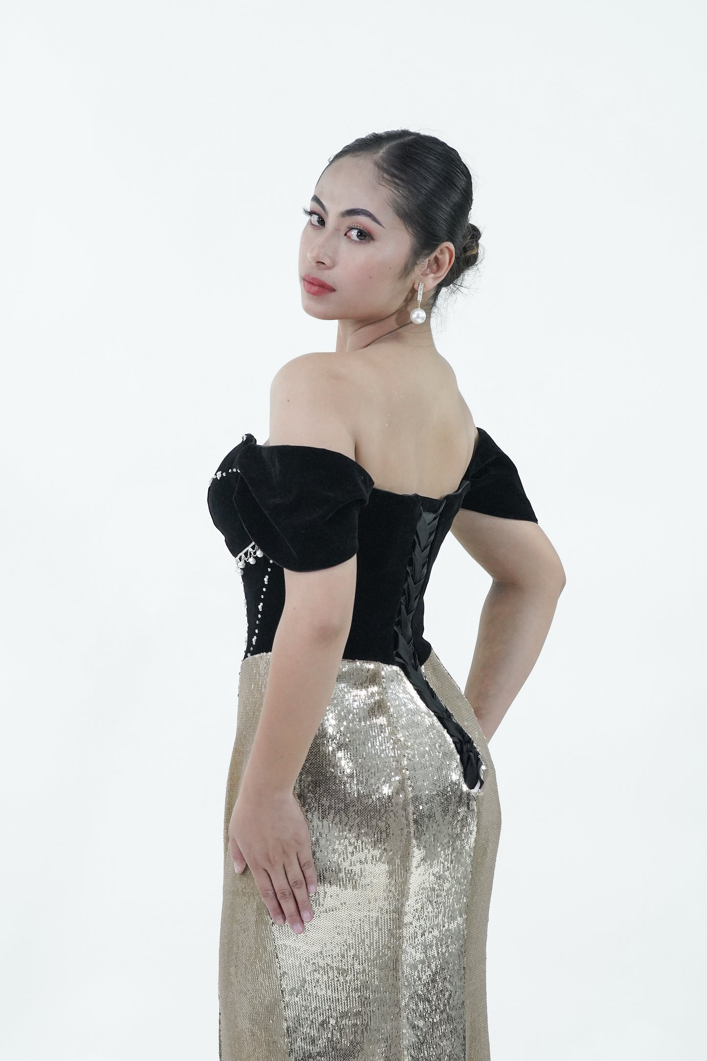 Elegant Gold Black Long Evening Gown