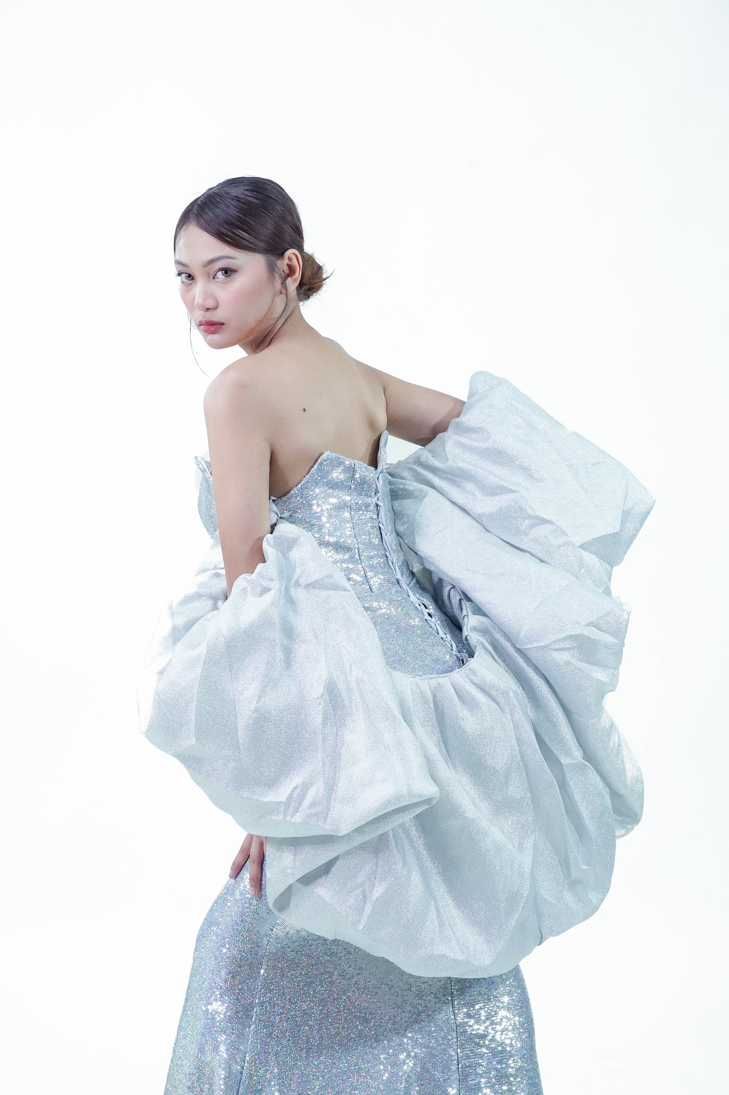Sparkly Glitter Blue Silver Evening Hollywood Gown with Cape