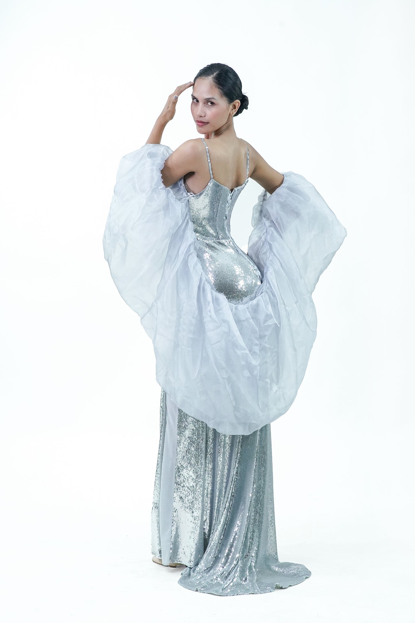 Silver Elegant Long Gown With Cape