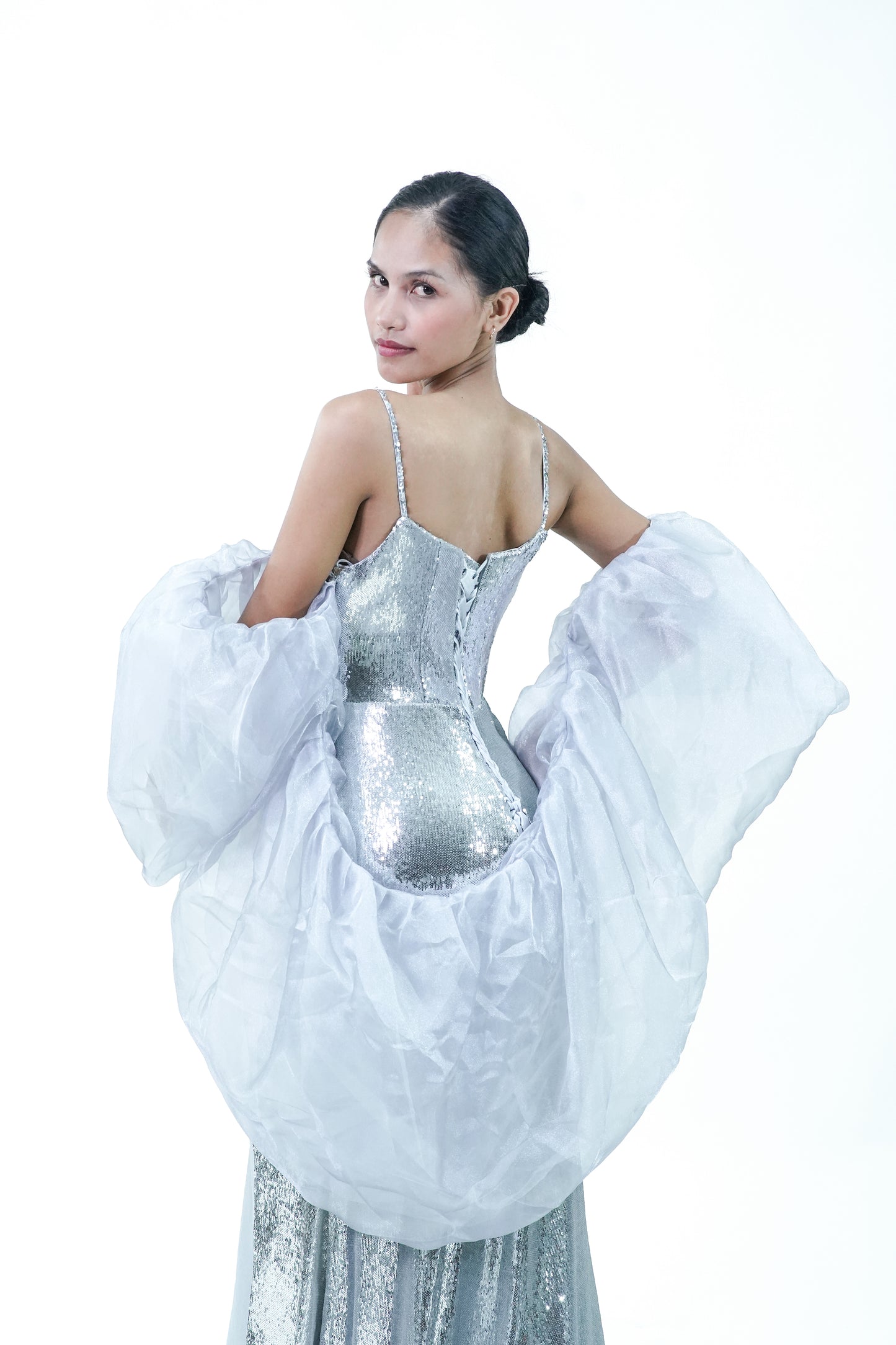 Silver Elegant Long Gown With Cape