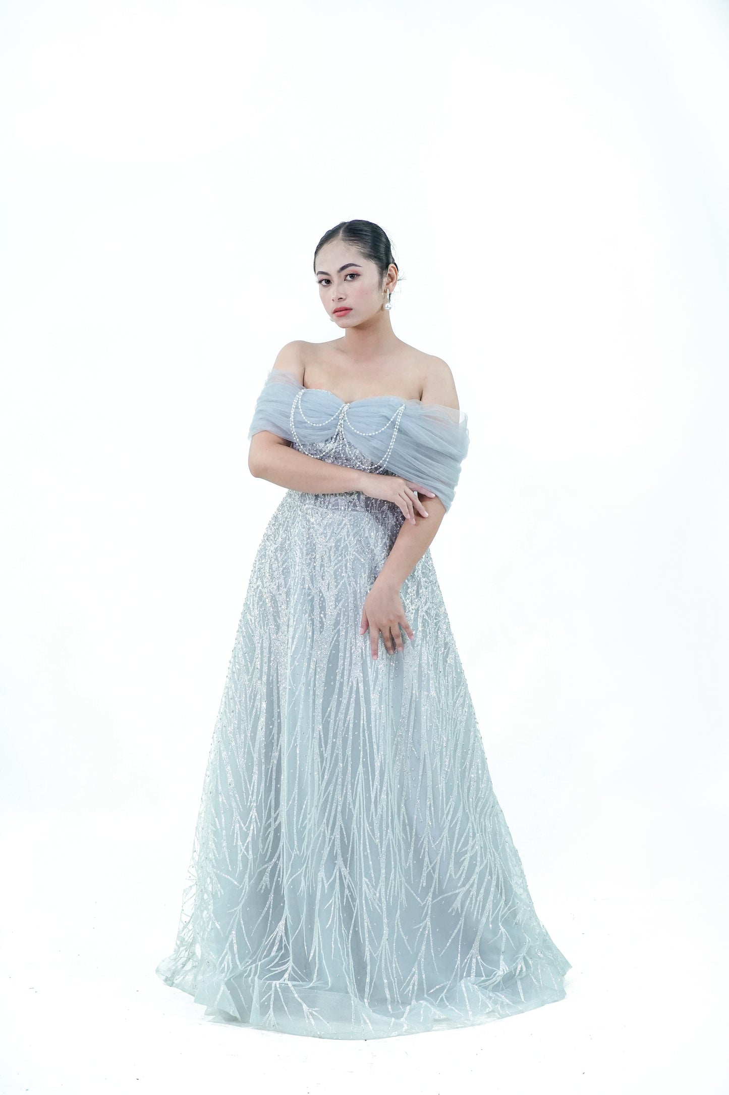 Sparkly Off-Shoulder Intricate Evening Gown