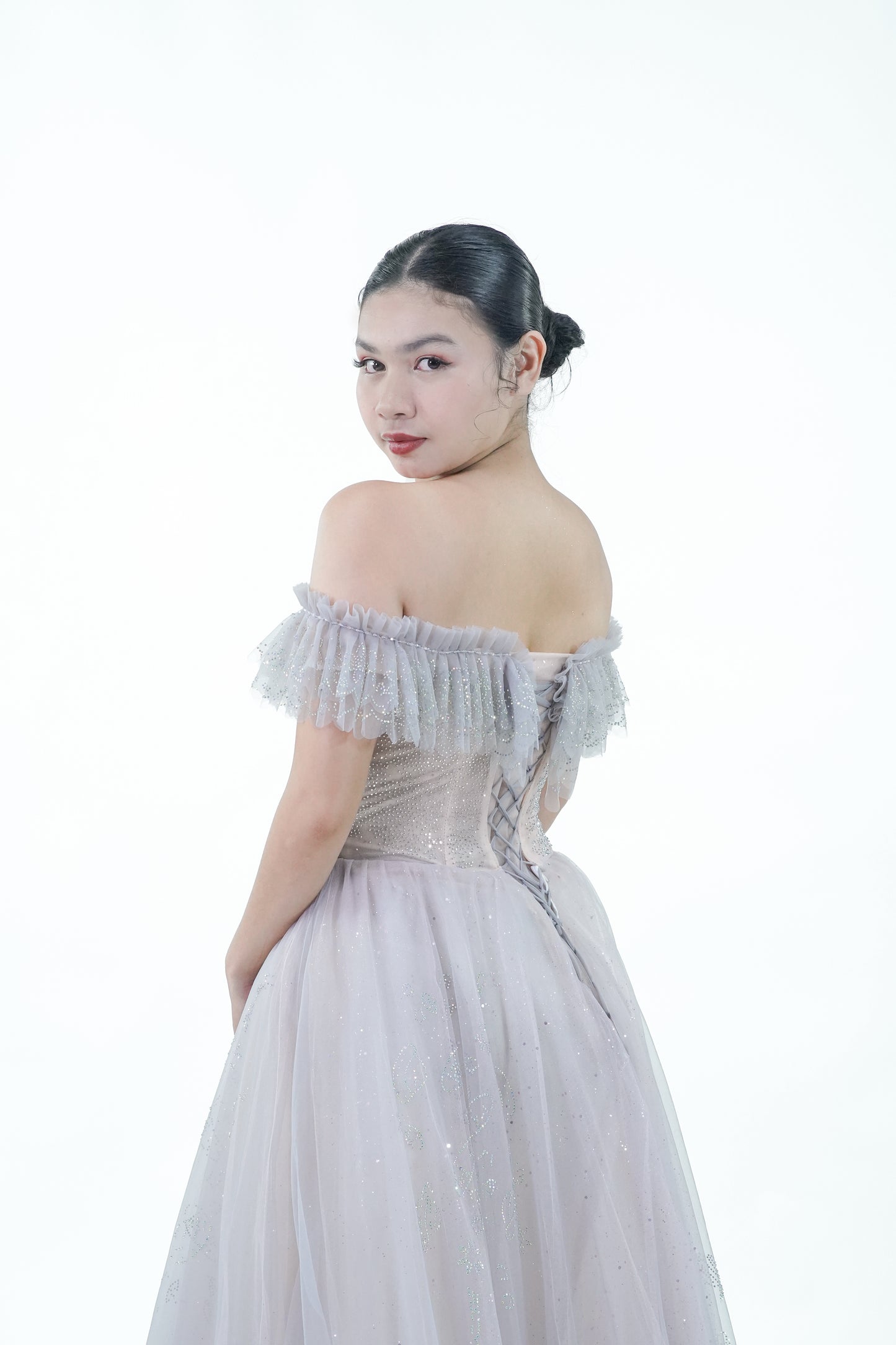 Off-Shoulder Purple Grey Evening Gown - Noelle West Bridals