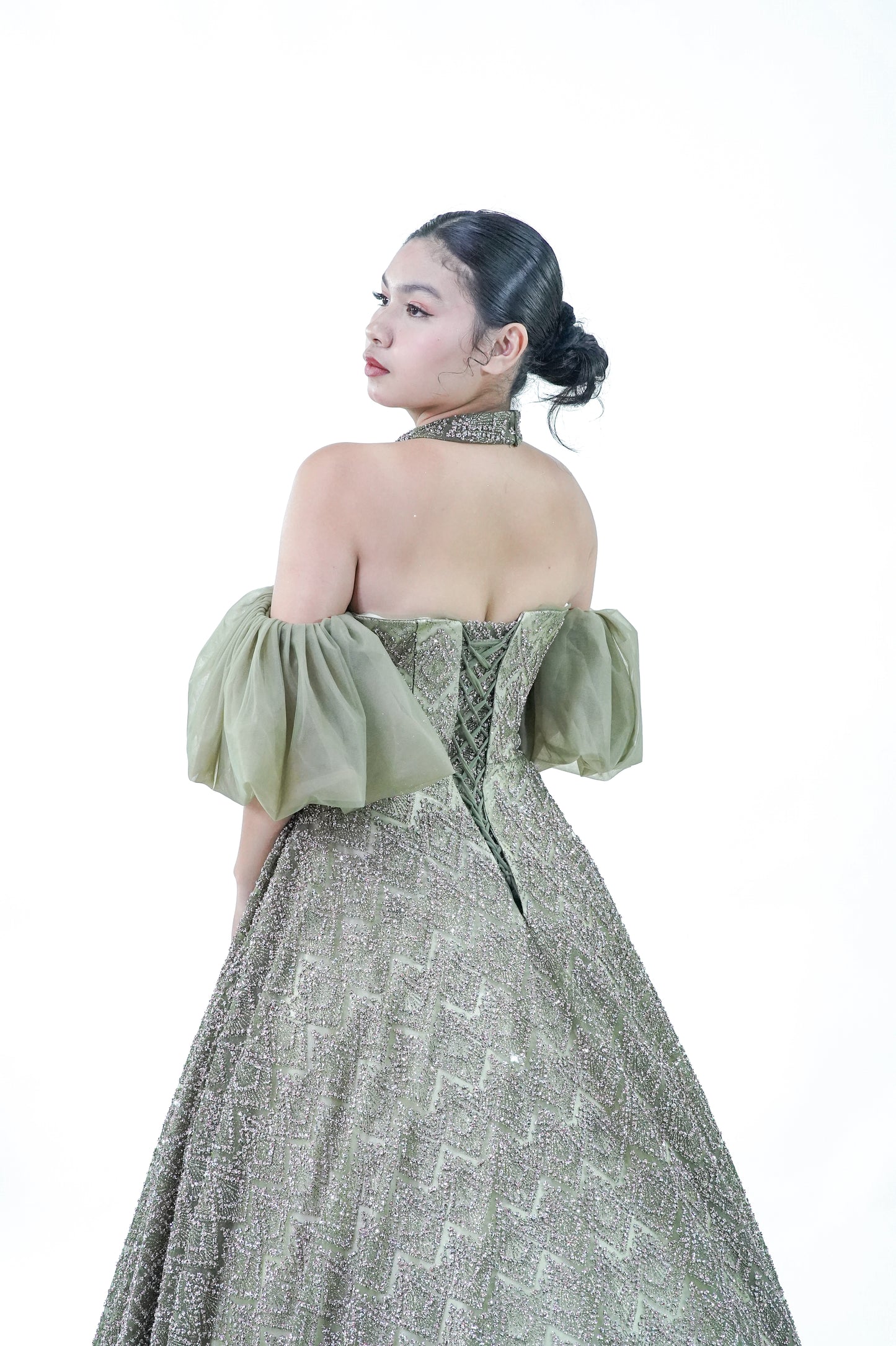 Off-Shoulder Green Sparkly Evening Gown - Noelle West Bridals