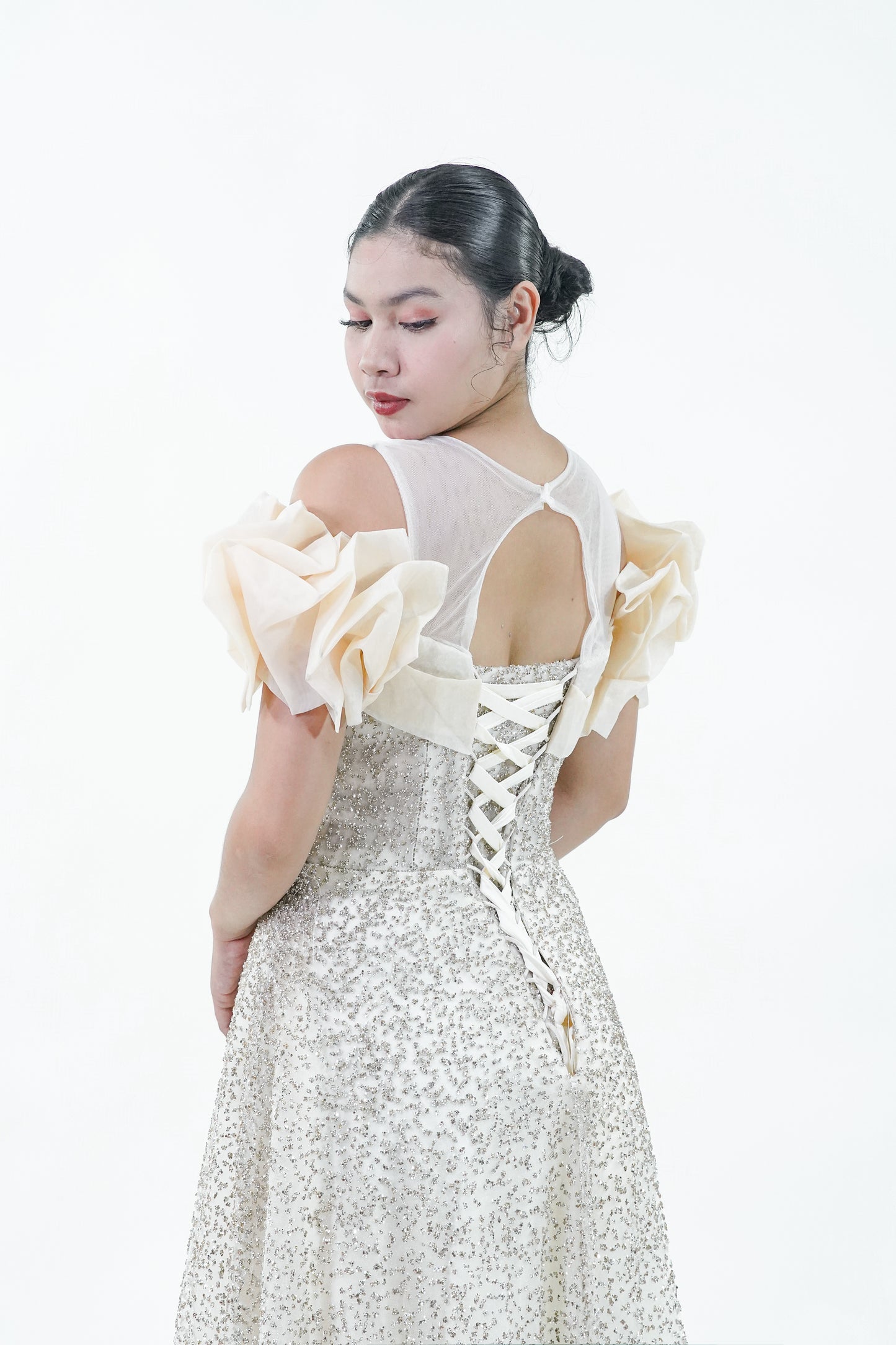 Floral Puffed Sleeve Yellow Sparkly Evening Gown - Noelle West Bridals