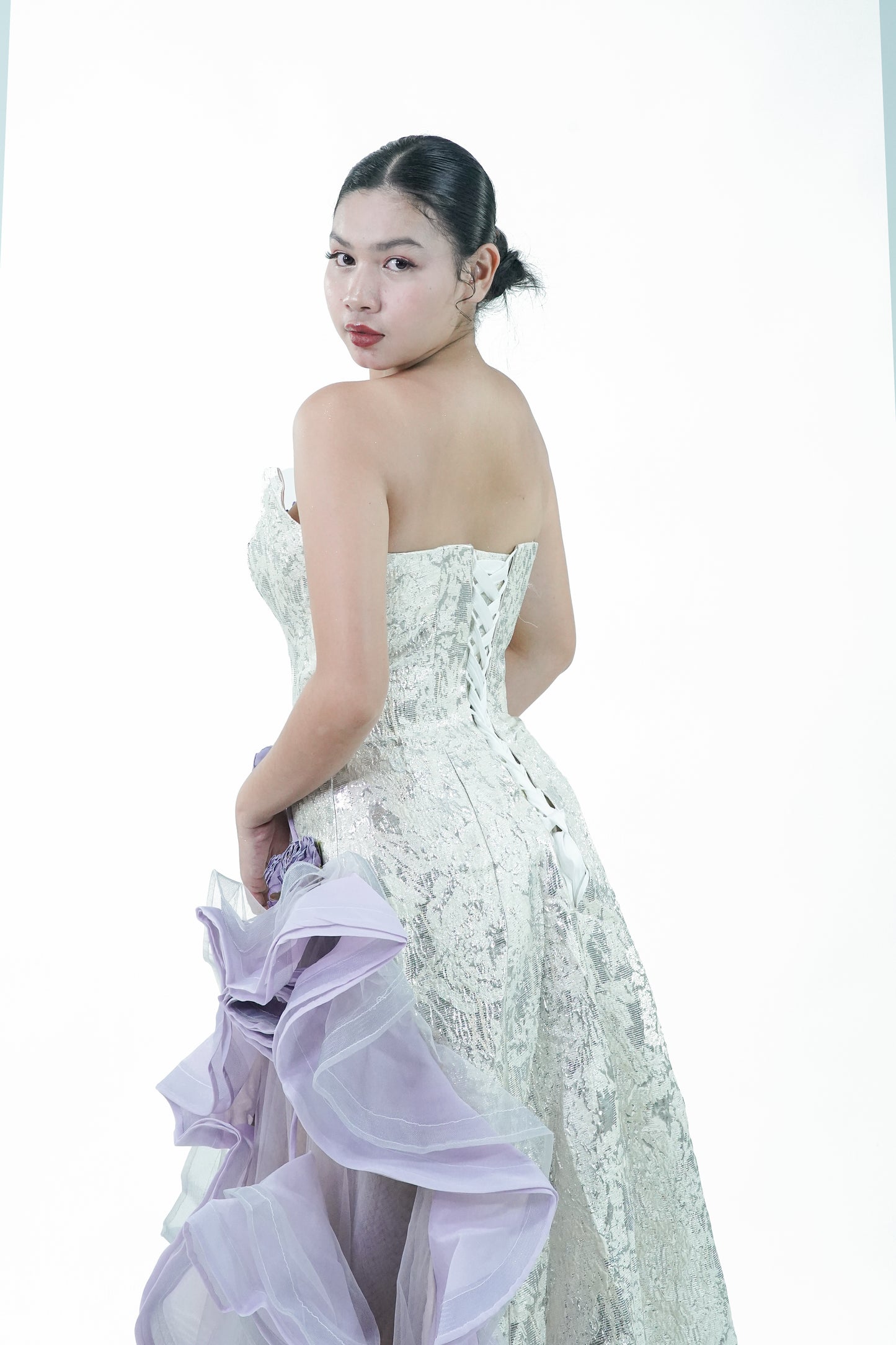 Floral Purple Gold Ruffles Evening Gown - Noelle West Bridals