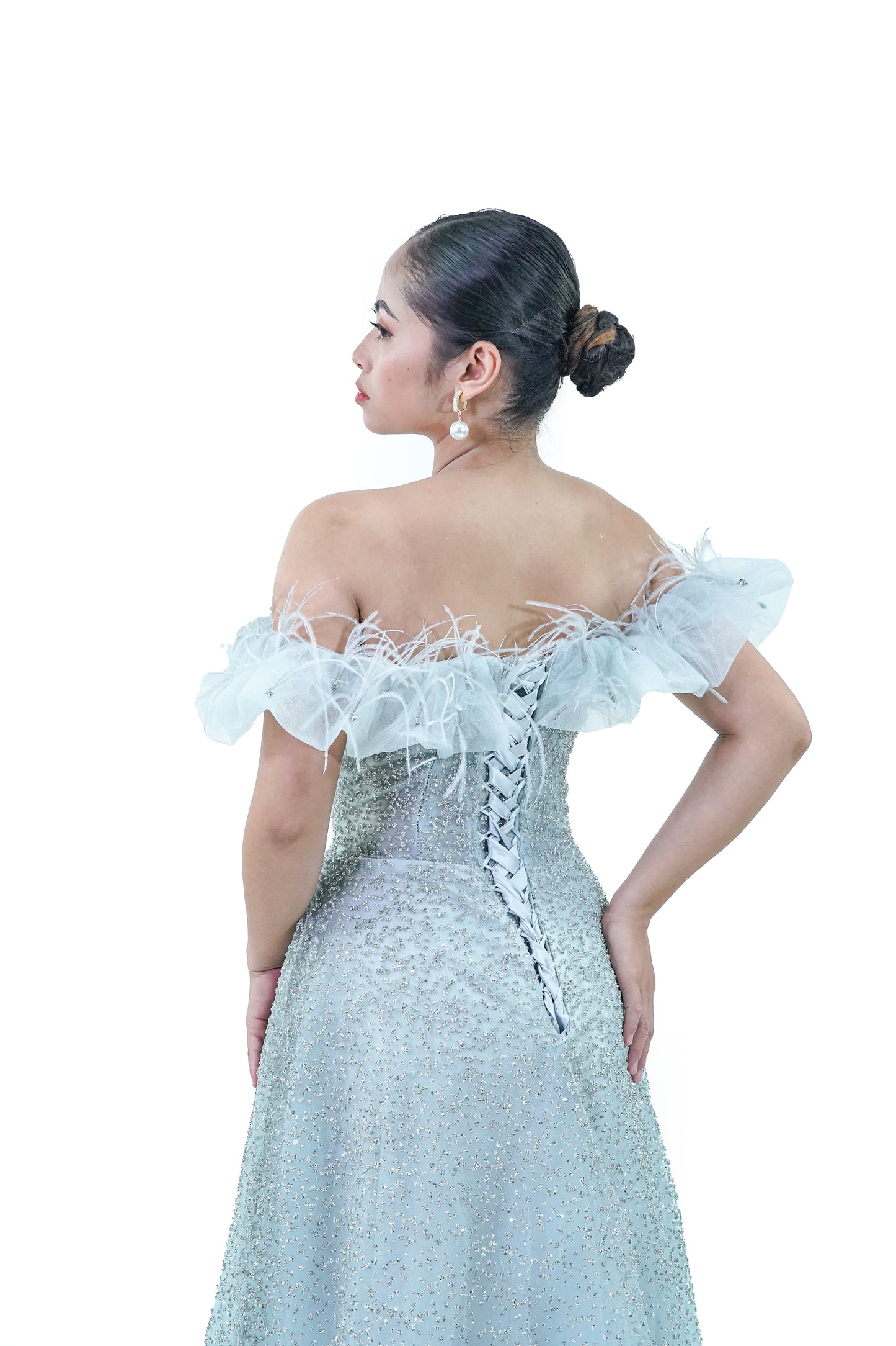 Off-Shoulder Blue Ruffled Evening Gown - Noelle West Bridals