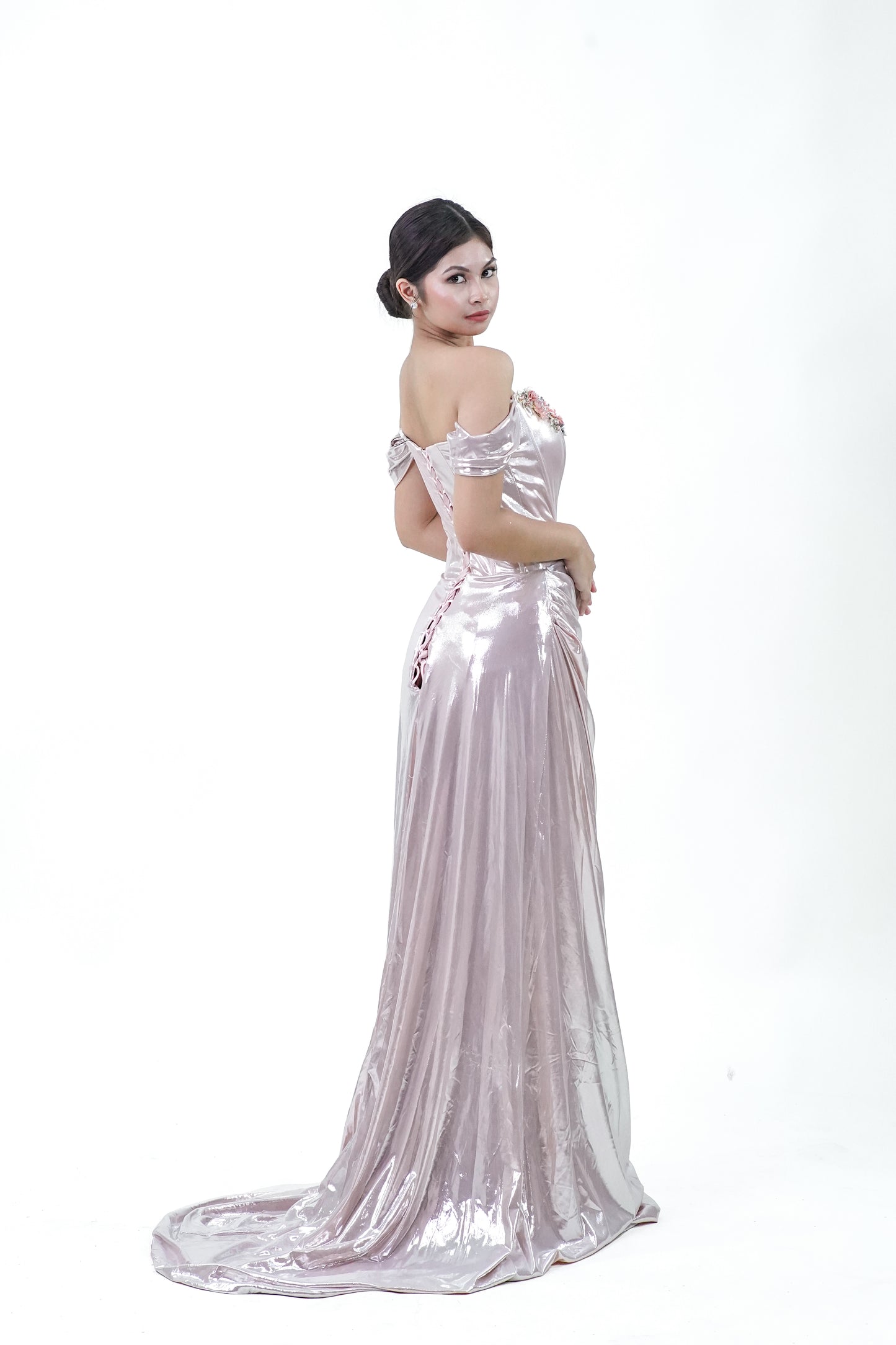 Metallic Old Rose Silver Floral Evening Gown - Noelle West Bridals