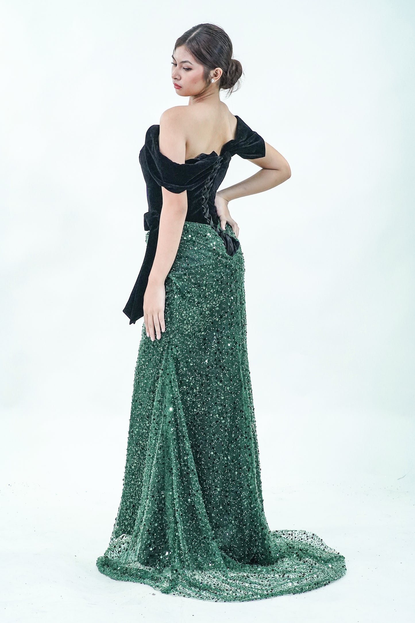 Velvet Off-Shoulder Green Black Evening Gown - Noelle West Bridals