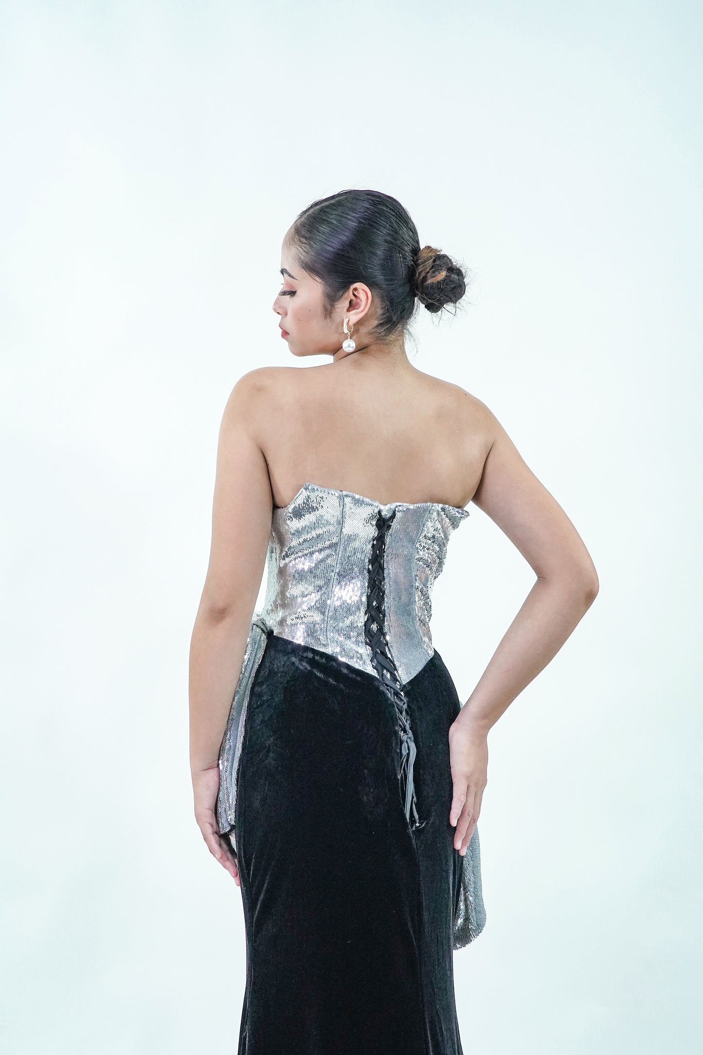 Tube Top Black Silver Velvet Evening Gown - Noelle West Bridals