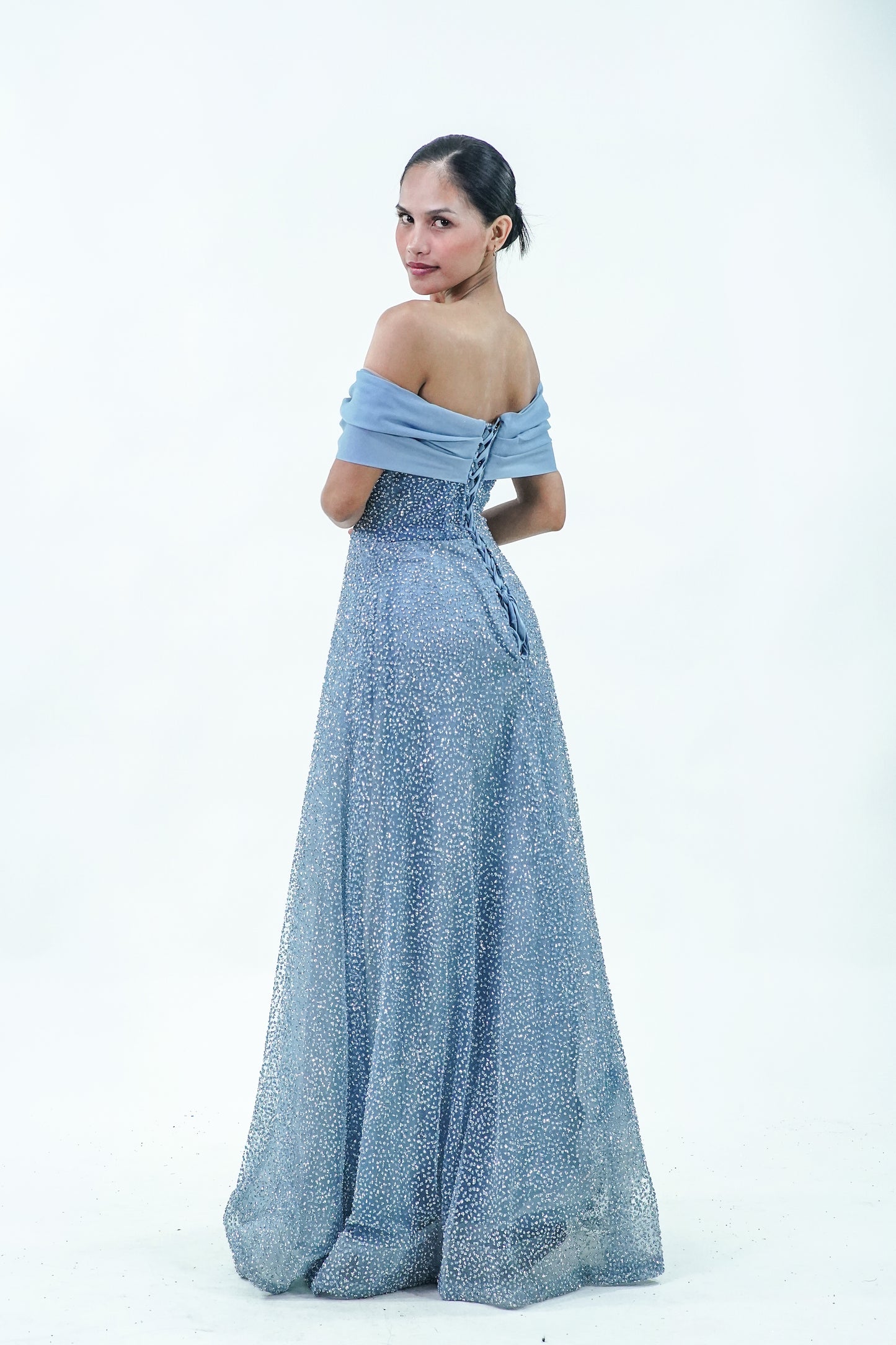 Off-Shoulder Ocean Blue Evening Gown - Noelle West Bridals