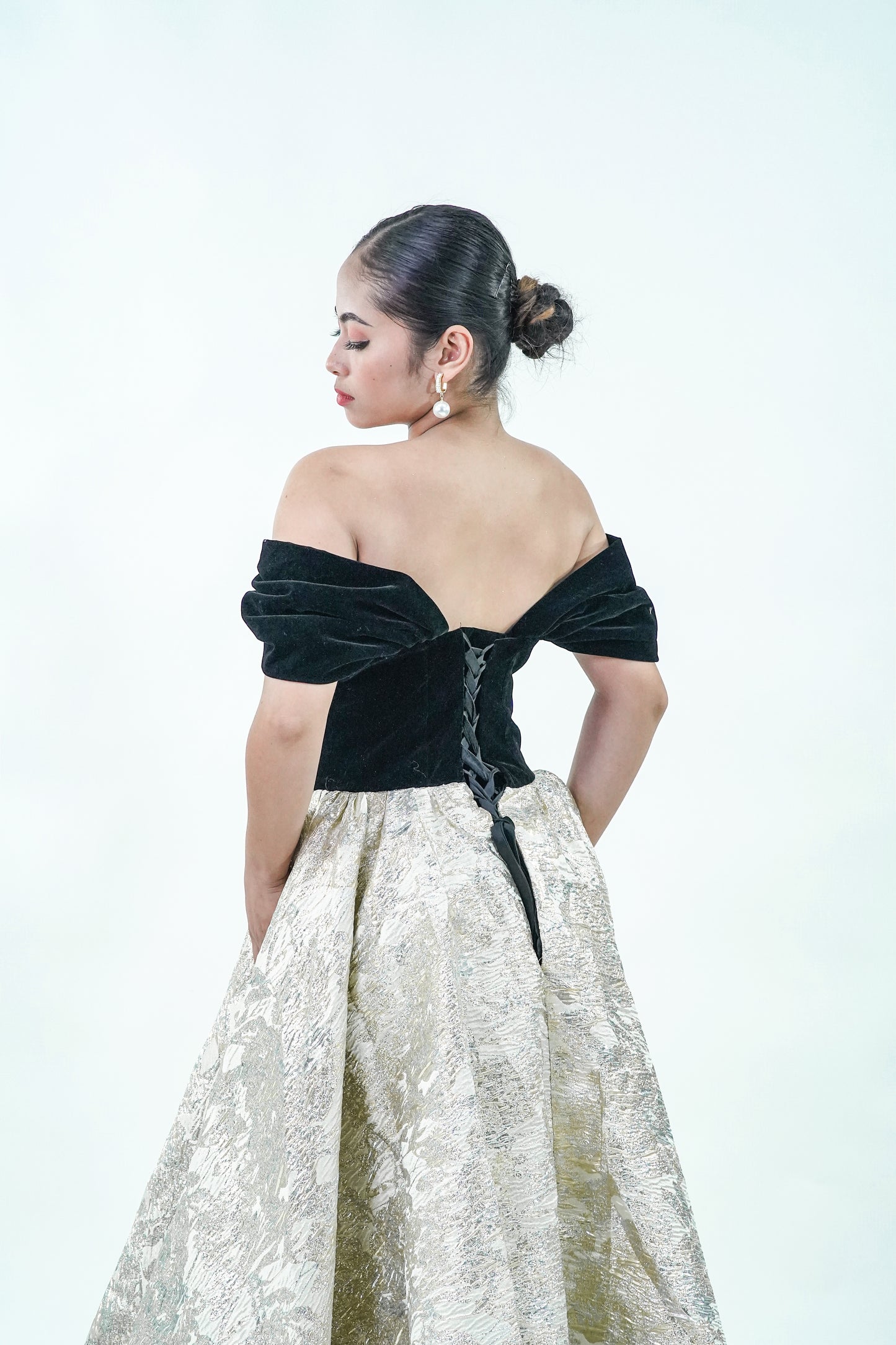 Off-Shoulder Black Gold Velvet Evening Gown - Noelle West Bridals