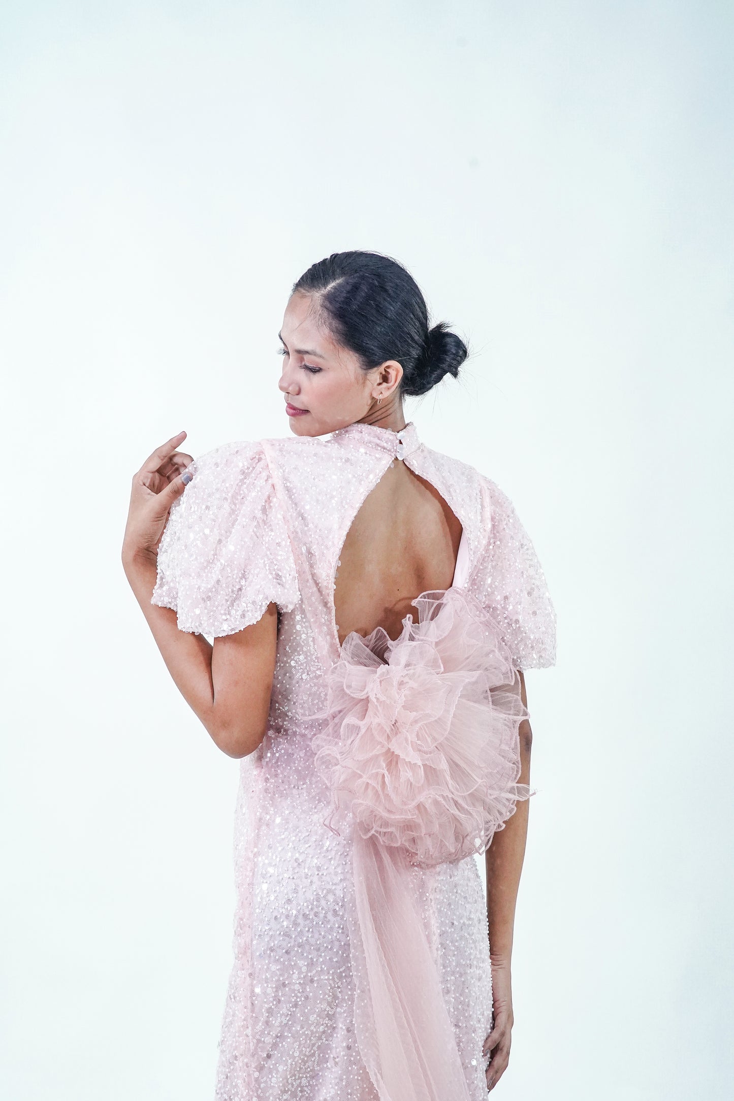 Short Sleeve Sequined Pink Evening Gown - Noelle West Bridals