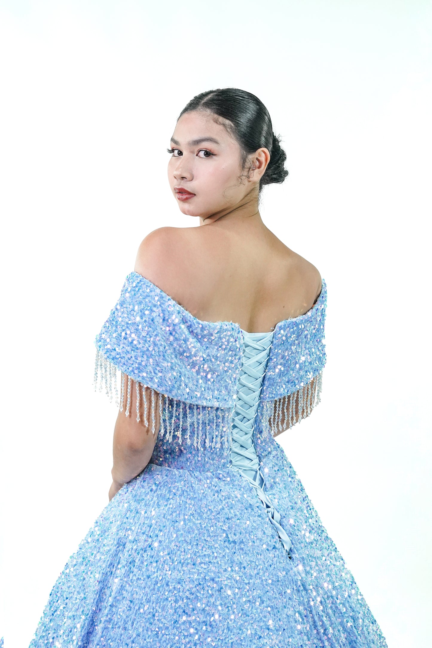 Off-Shoulder Sequined Sky Blue Ball Gown - Noelle West Bridals