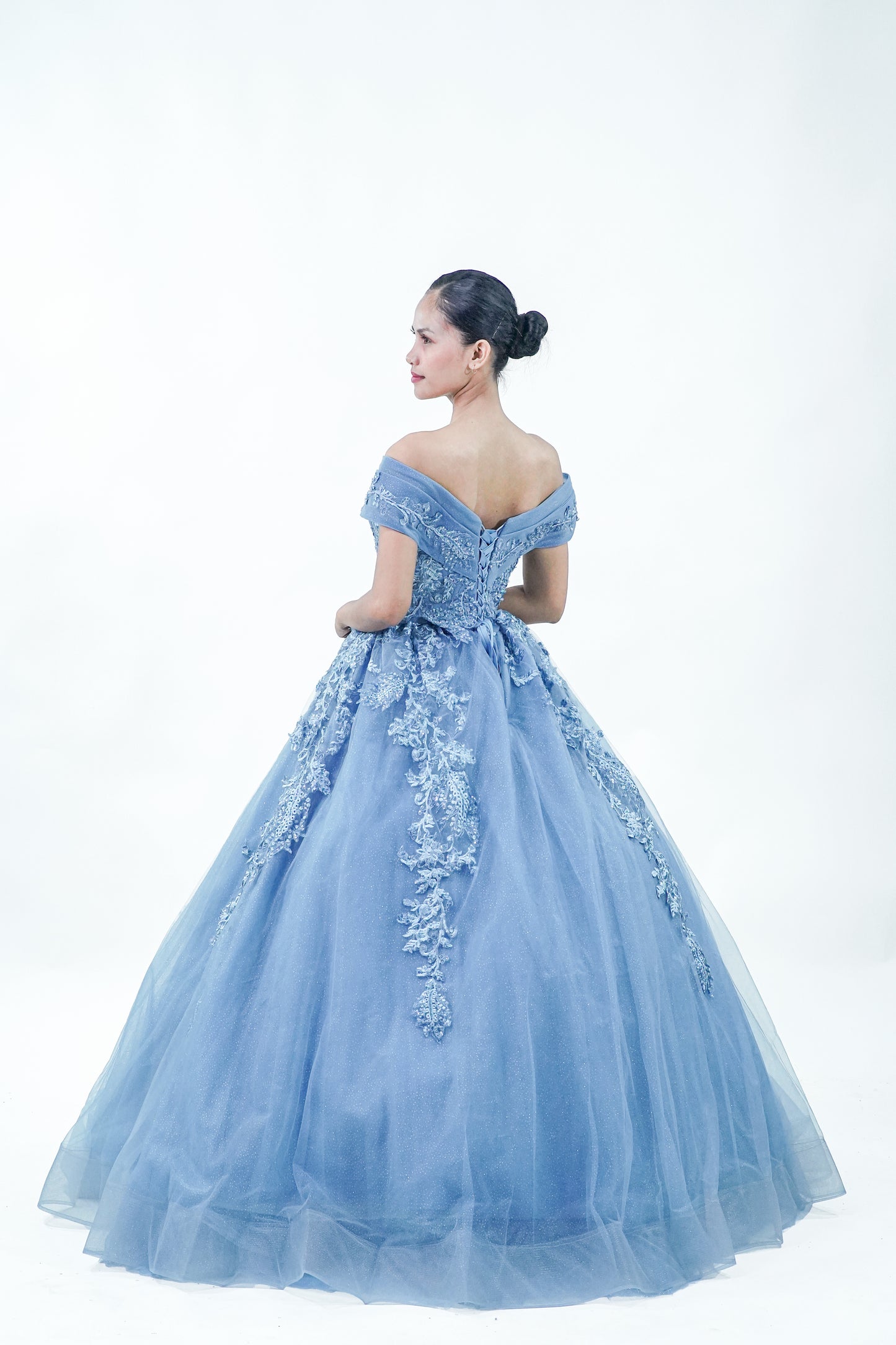 Dusty Blue Sparkly Royal Off-Shoulder Gown - Noelle West Bridals
