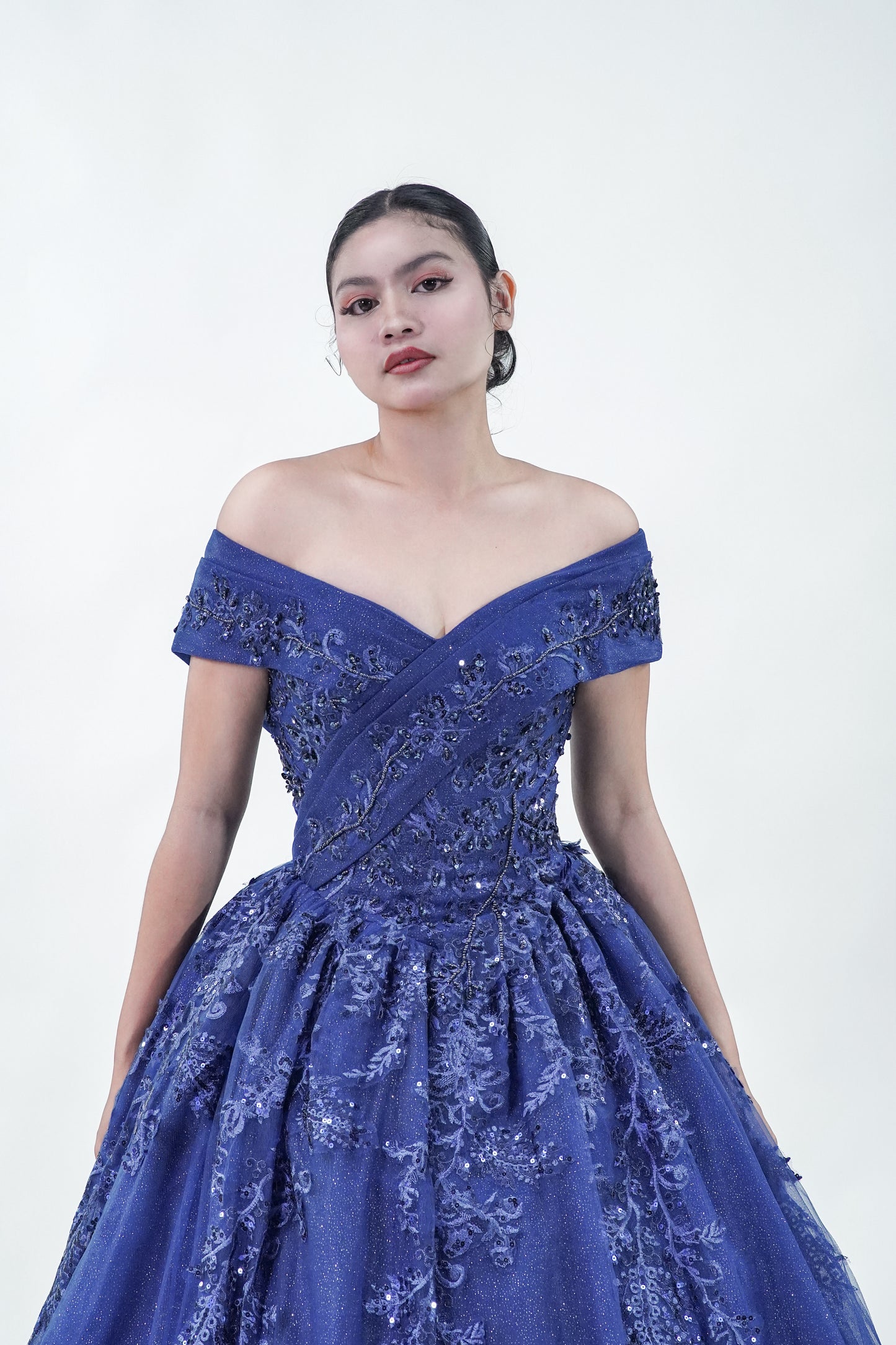 Off-Shoulder Midnight Blue Ball Gown - Noelle West Bridals