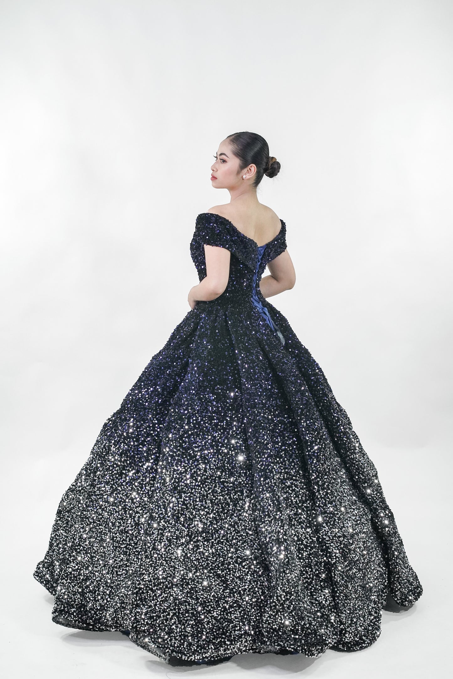 Black Sparkly Midnight Off-Shoulder Ball Gown - Noelle West Bridals