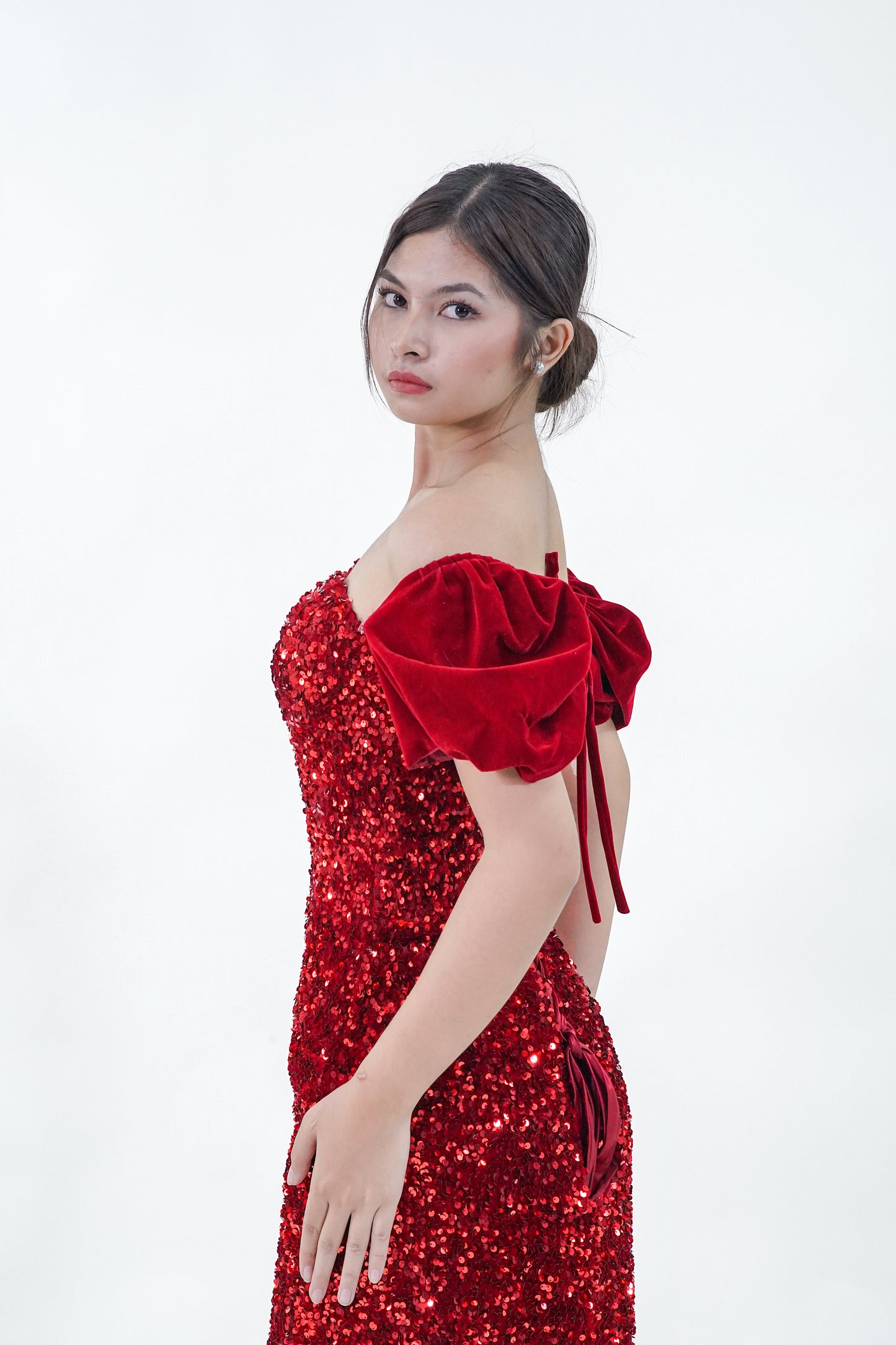 Off-Shoulder Ruffled Sequined Red Evening Gown - Noelle West Bridals
