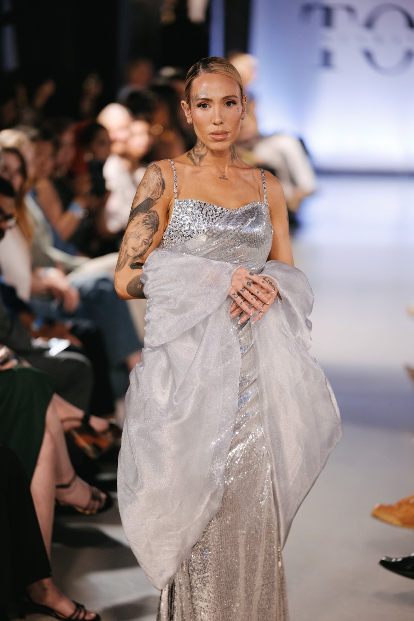 Silver Elegant Long Gown With Cape