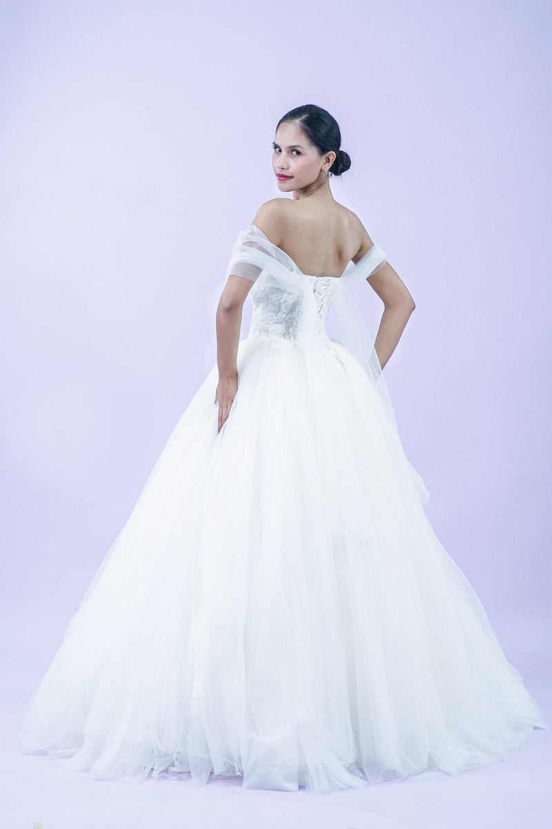 Off-Shoulder Lace and Feather Detail Wedding Bridal Gown - Noelle West Bridals