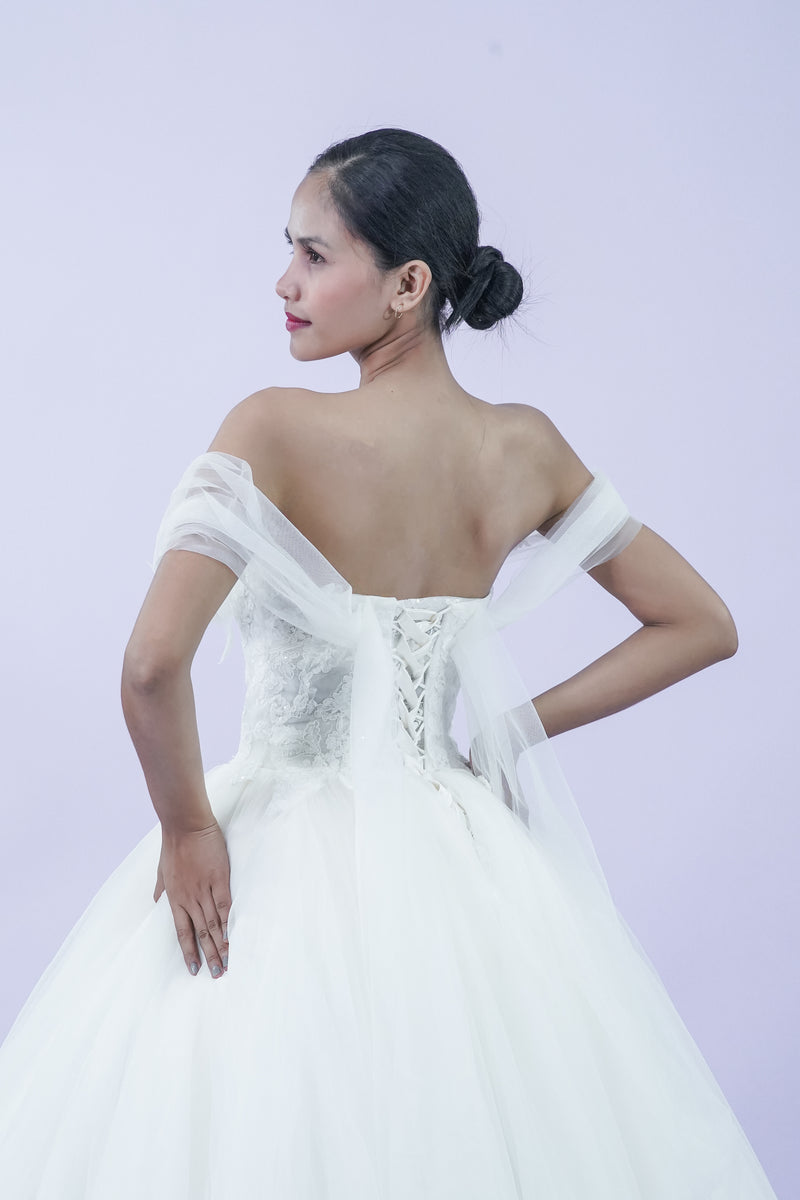 Off-Shoulder Lace and Feather Detail Wedding Bridal Gown - Noelle West Bridals