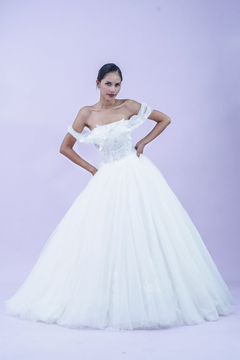 Off-Shoulder Lace and Feather Detail Wedding Bridal Gown - Noelle West Bridals