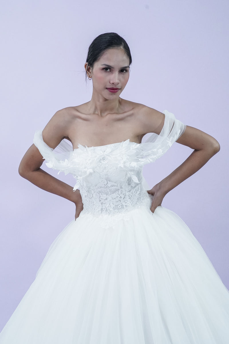 Off-Shoulder Lace and Feather Detail Wedding Bridal Gown - Noelle West Bridals