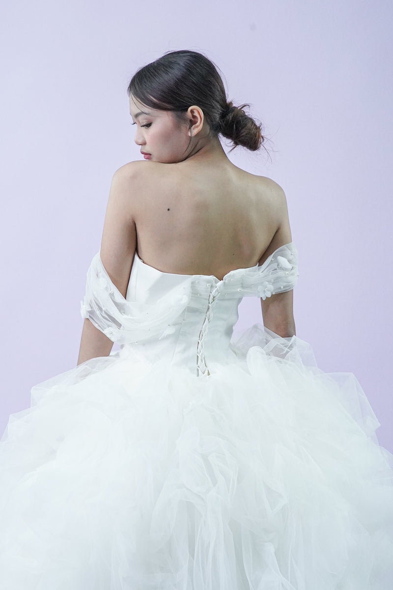 Off-Shoulder Tule Feather Detail Wedding Gown - Noelle West Bridals