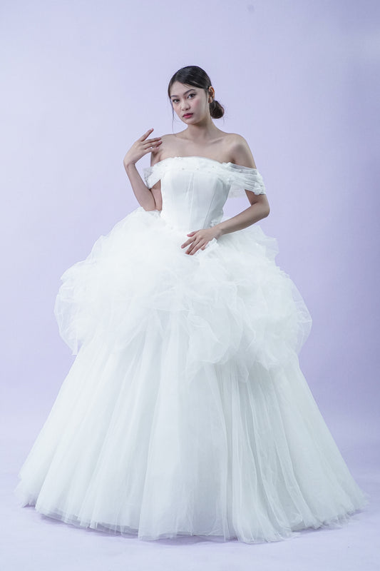 Off-Shoulder Tule Feather Detail Wedding Gown
