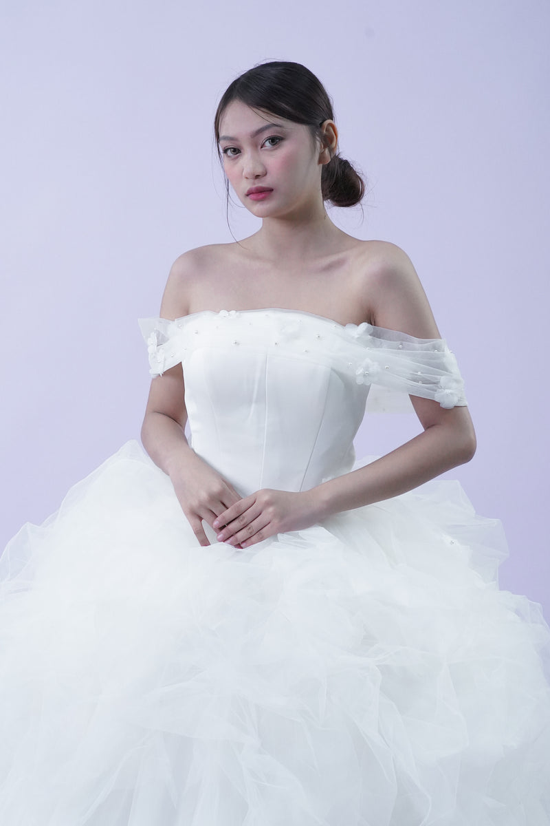 Off-Shoulder Tule Feather Detail Wedding Gown - Noelle West Bridals