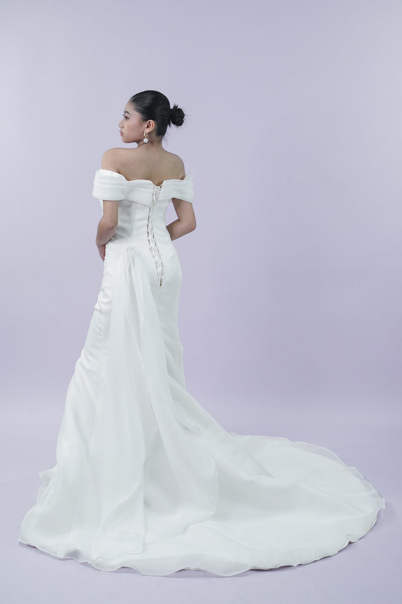 Long Elegant Off-Shoulder Satin Bridal Gown - Noelle West Bridals