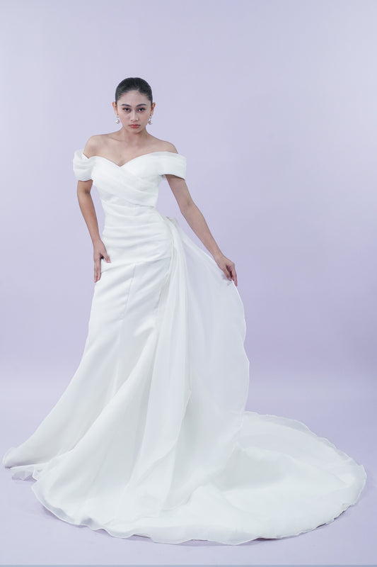 Long Elegant Off-Shoulder Satin Bridal Gown