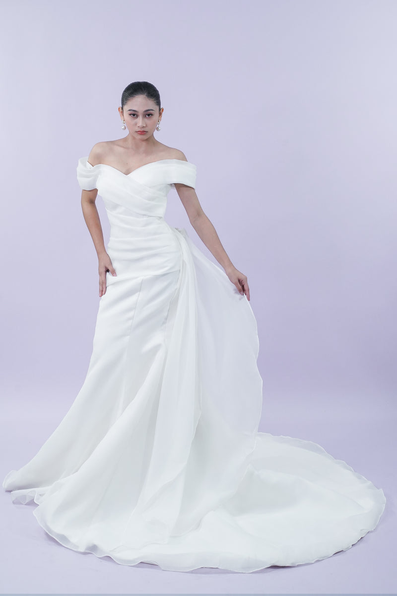 Long Elegant Off-Shoulder Satin Bridal Gown - Noelle West Bridals